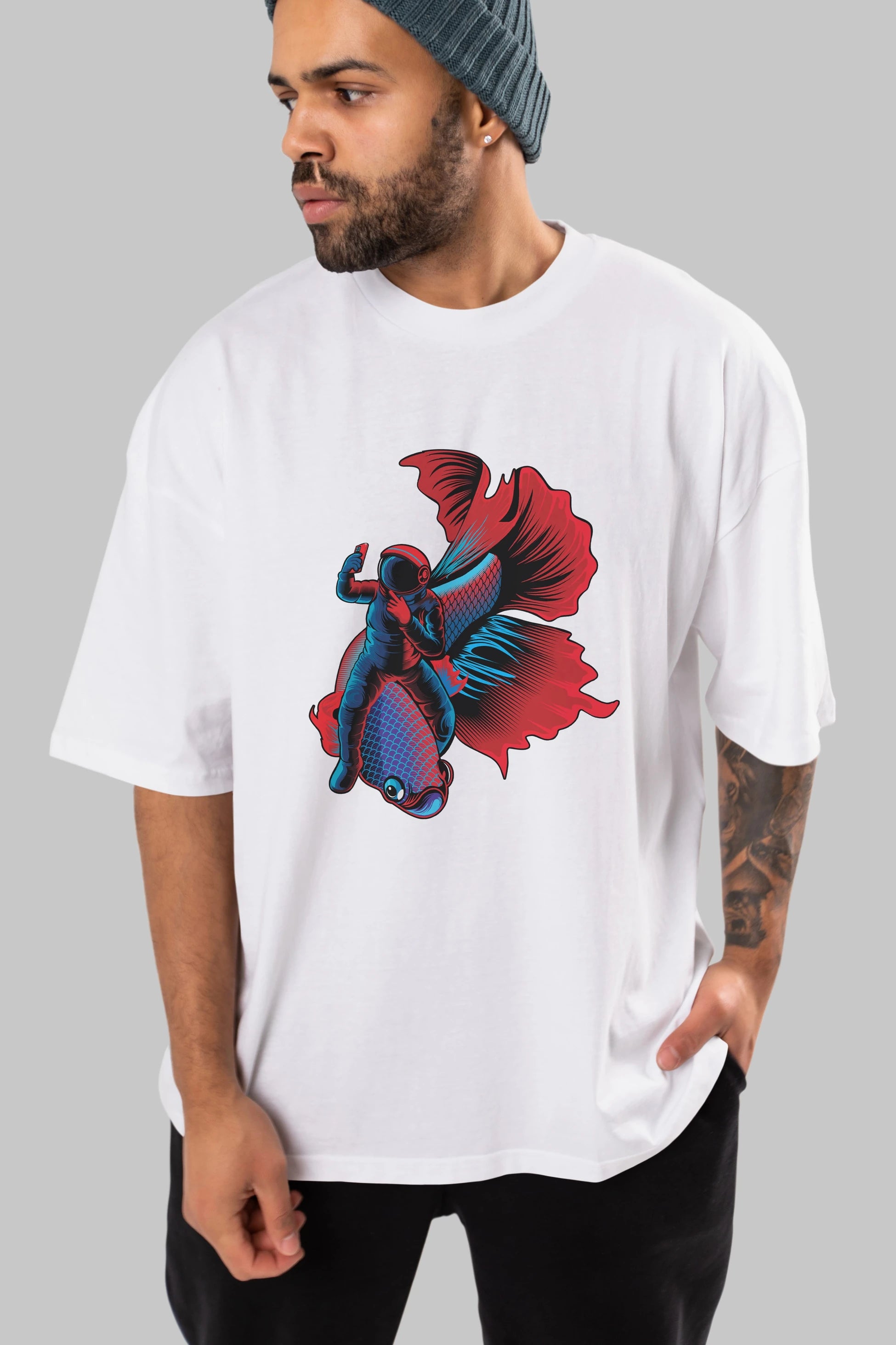 Astrofish selfie Ön Baskılı Oversize t-shirt Erkek Kadın Unisex