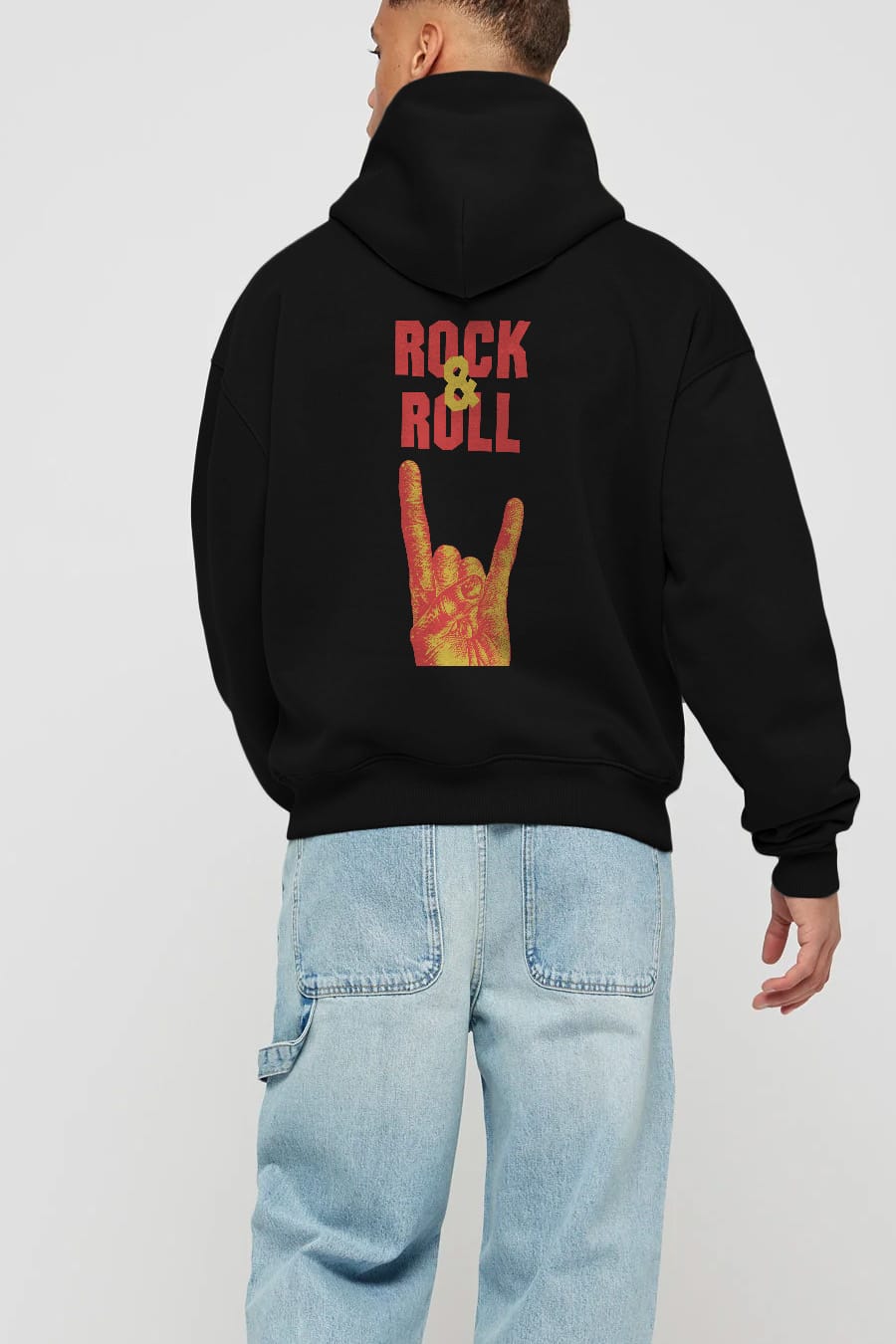 Rock & Roll Yazılı Arka Baskılı Oversize Hoodie Kapüşonlu Sweatshirt Erkek Kadın Unisex