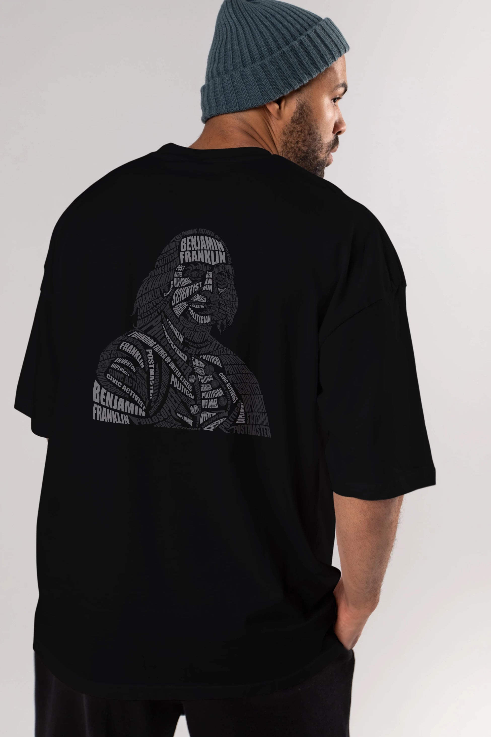 Benjamin Franklin Calligram Arka Baskılı Oversize t-shirt %100 pamuk Erkek Kadın Unisex