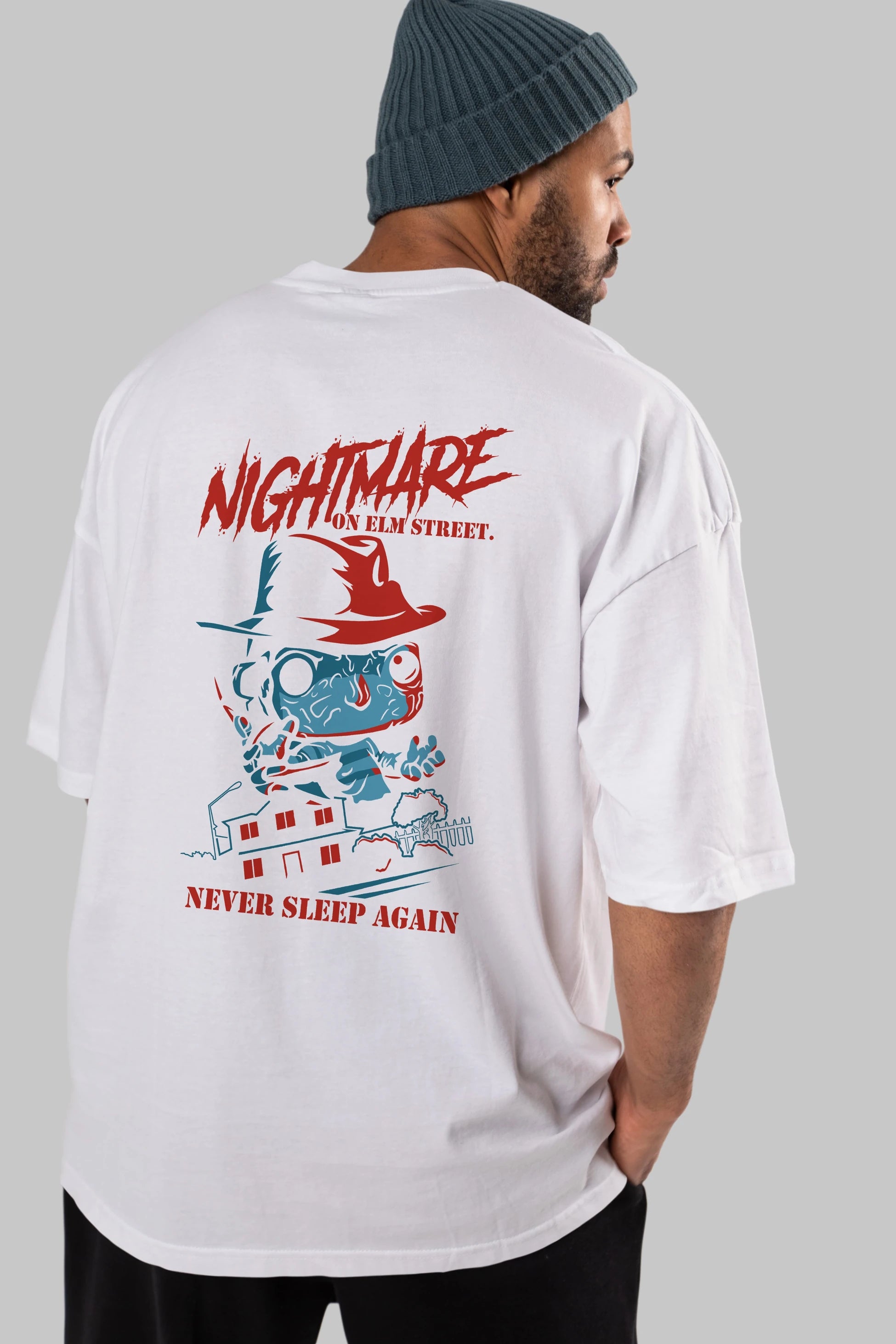 Nightmare Elm Sokağı Arka Baskılı Oversize t-shirt Erkek Kadın Unisex %100 Pamuk Bisiklet Yaka tişort