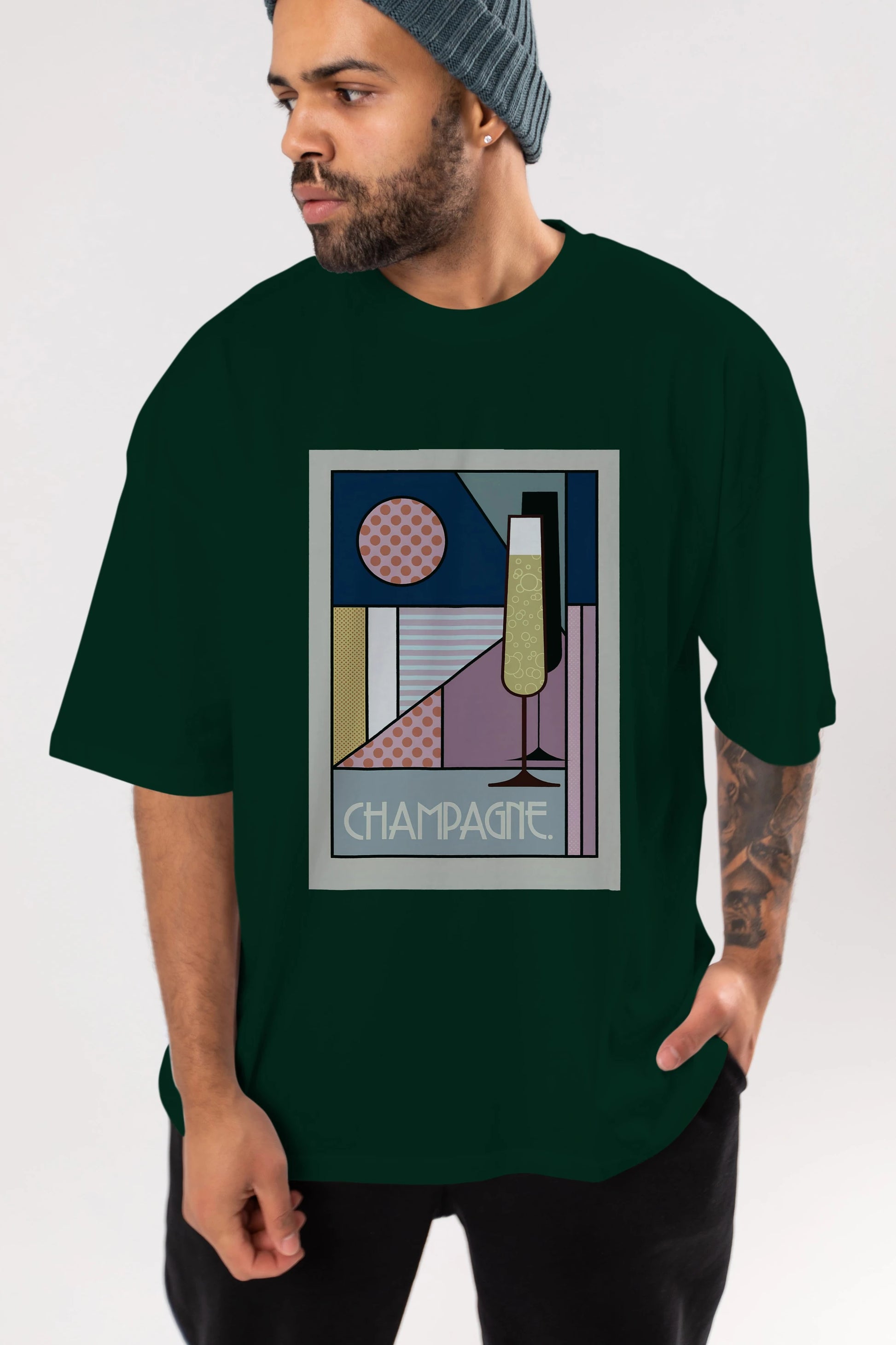 Champagne Ön Baskılı Oversize t-shirt Erkek Kadın Unisex %100 Pamuk Bisiklet Yaka tişort
