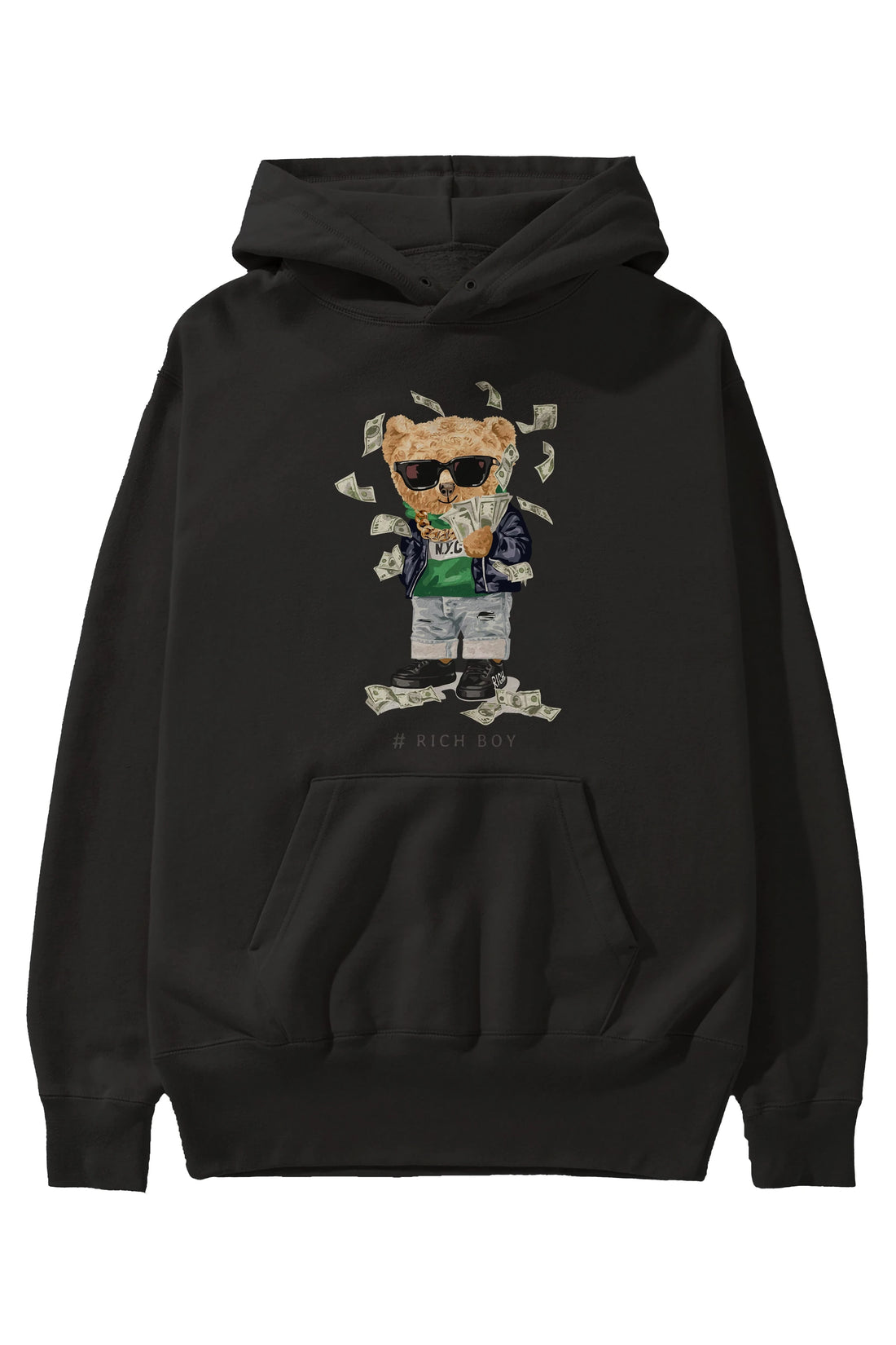 Teddy Bear Rich Boy Ön Baskılı Hoodie Oversize Kapüşonlu Sweatshirt Erkek Kadın Unisex