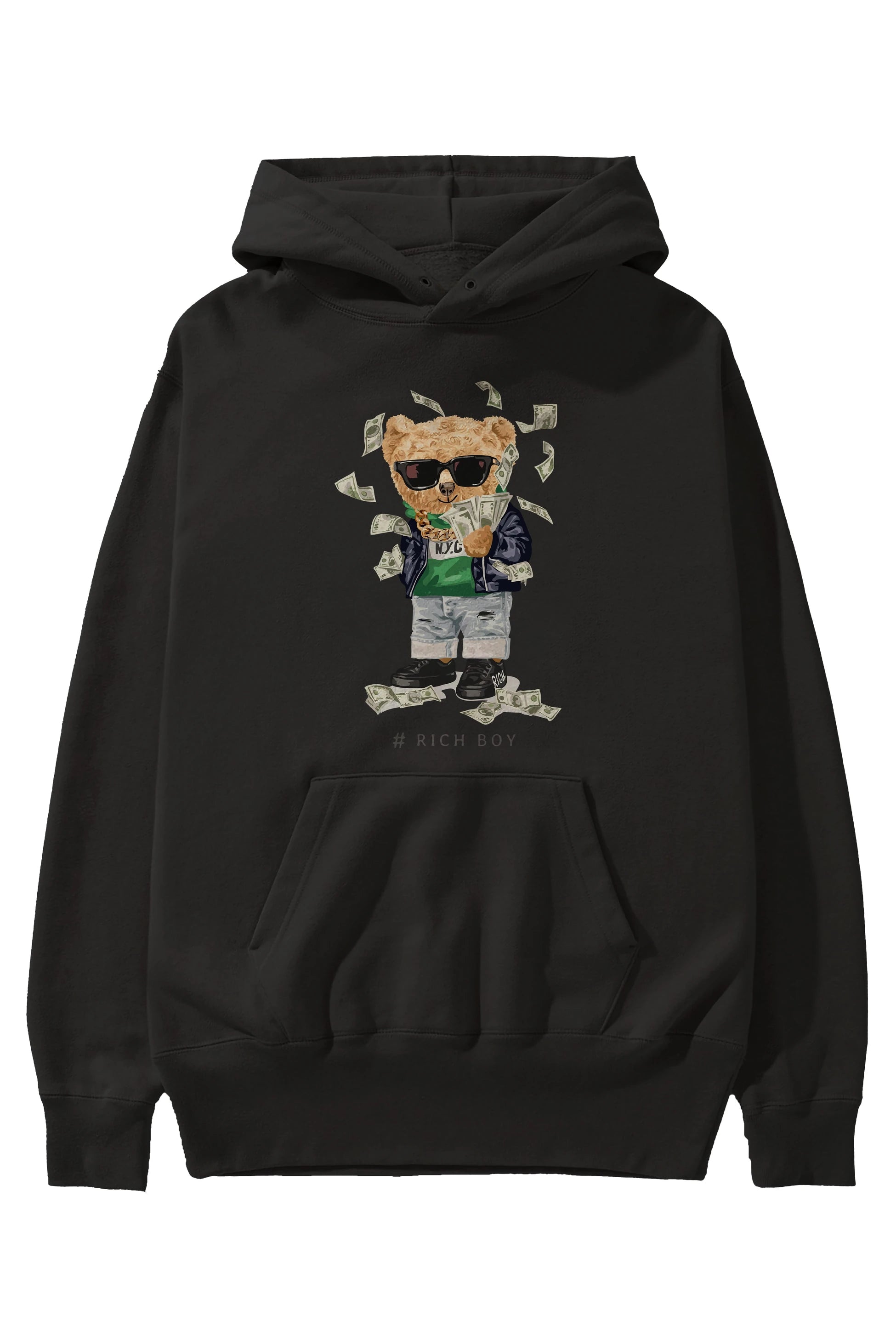Teddy Bear Rich Boy Ön Baskılı Hoodie Oversize Kapüşonlu Sweatshirt Erkek Kadın Unisex