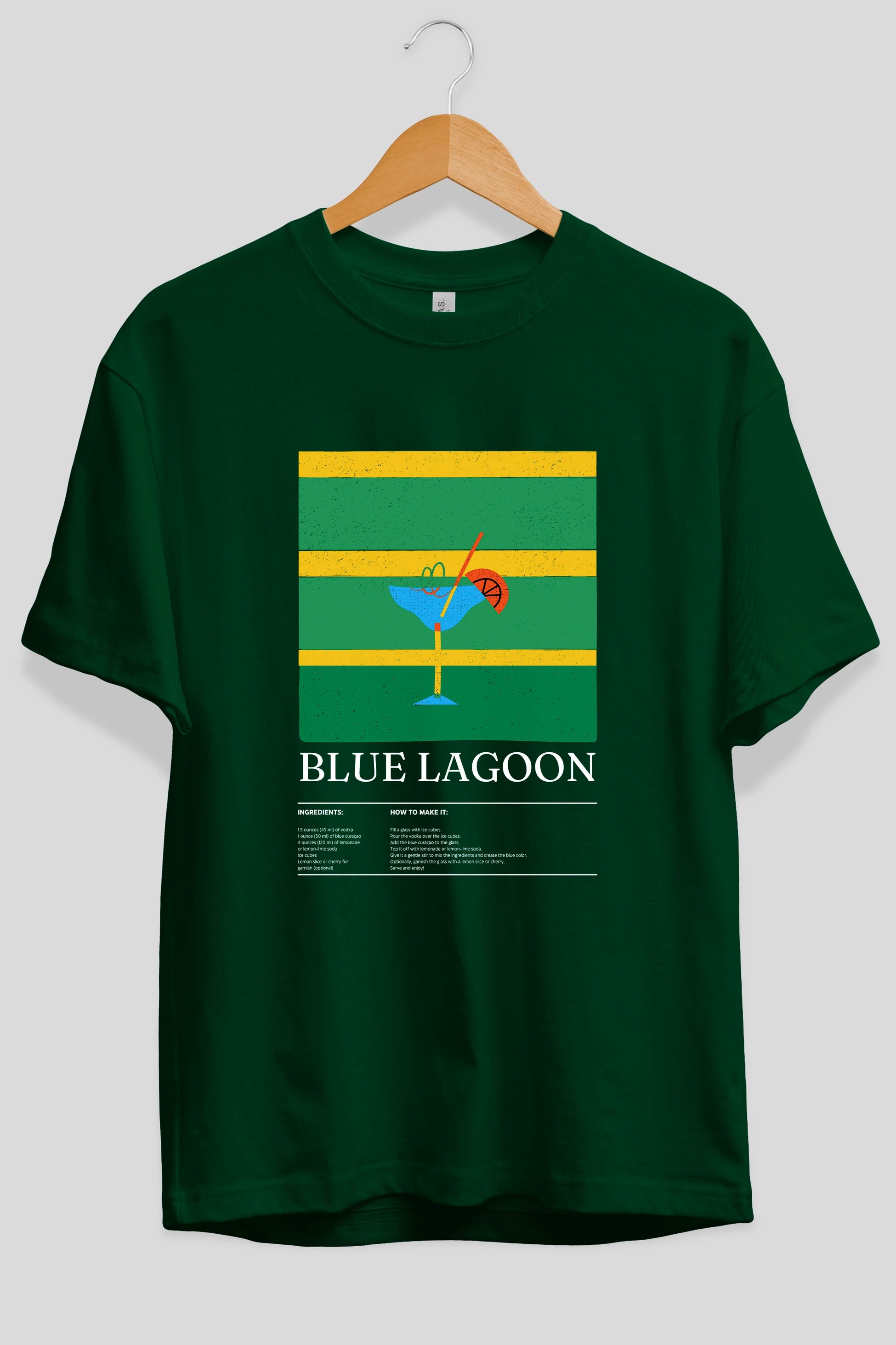 Blue Lagoon Kokteyl Ön Baskılı Oversize t-shirt Erkek Kadın %100 Pamuk Bisiklet Yaka tişort