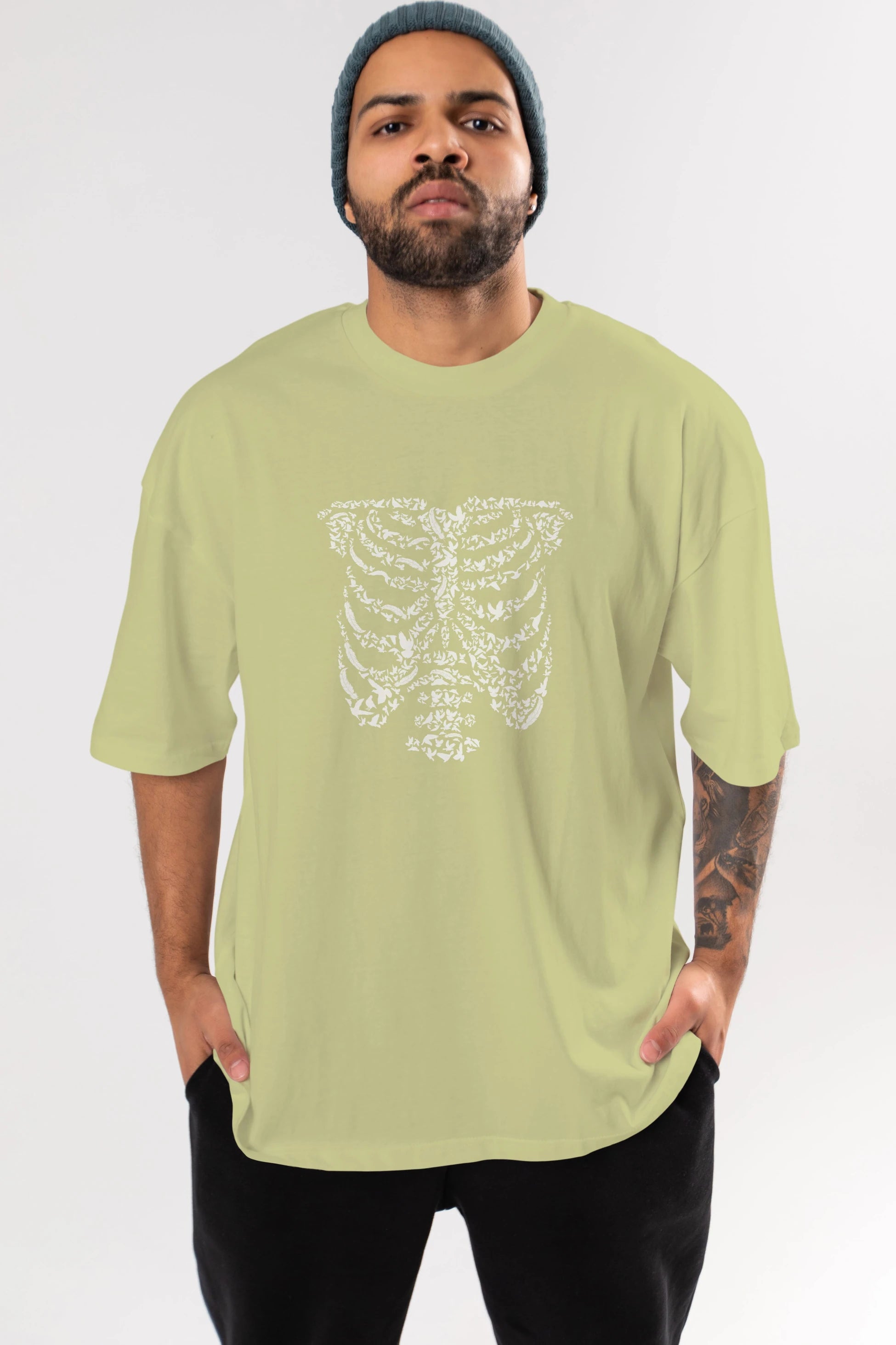 Ribcage Bird Ön Baskılı Oversize t-shirt %100 pamuk Erkek Kadın Unisex