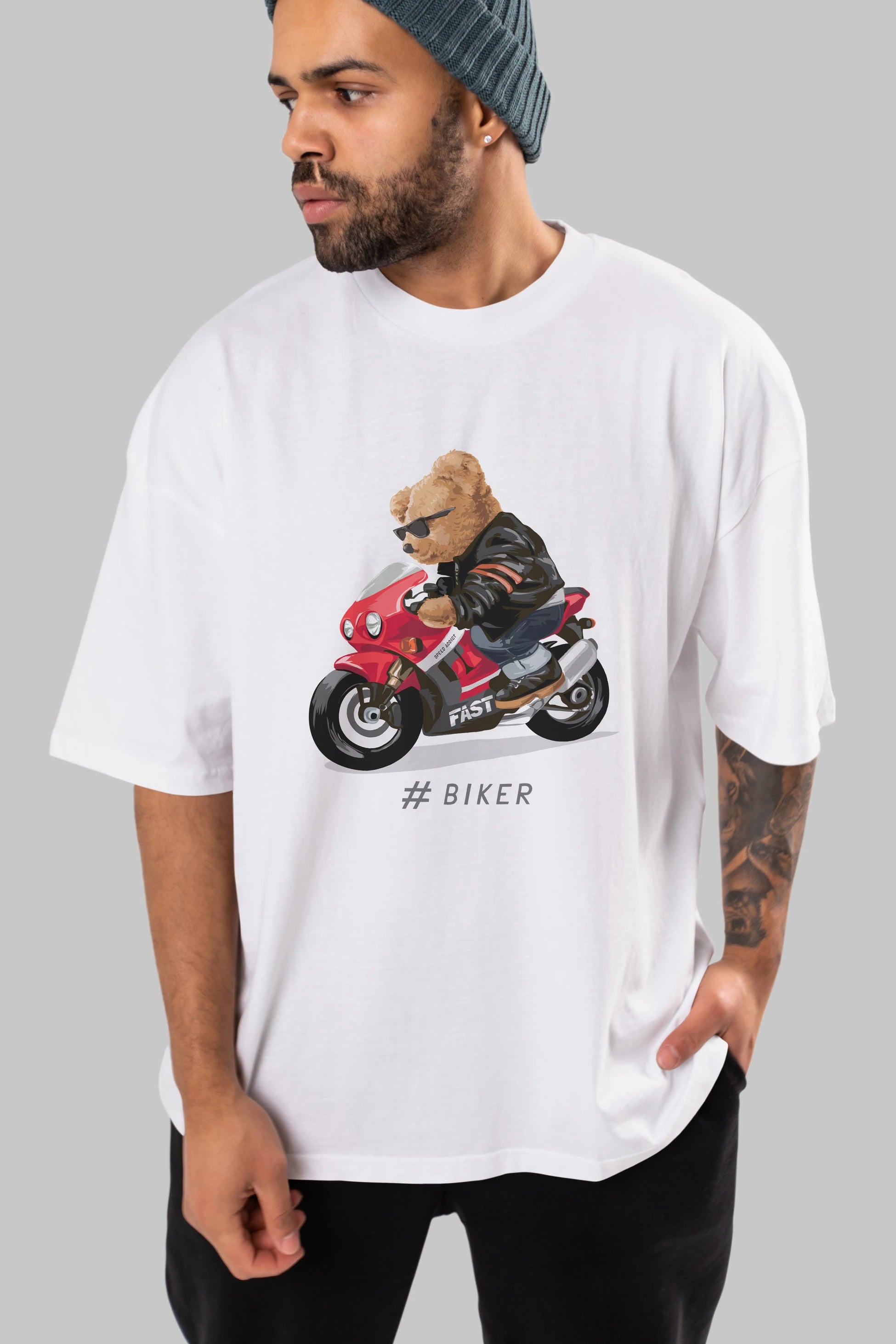 Teddy Bear Biker Ön Baskılı Oversize t-shirt Erkek Kadın Unisex %100 Pamuk