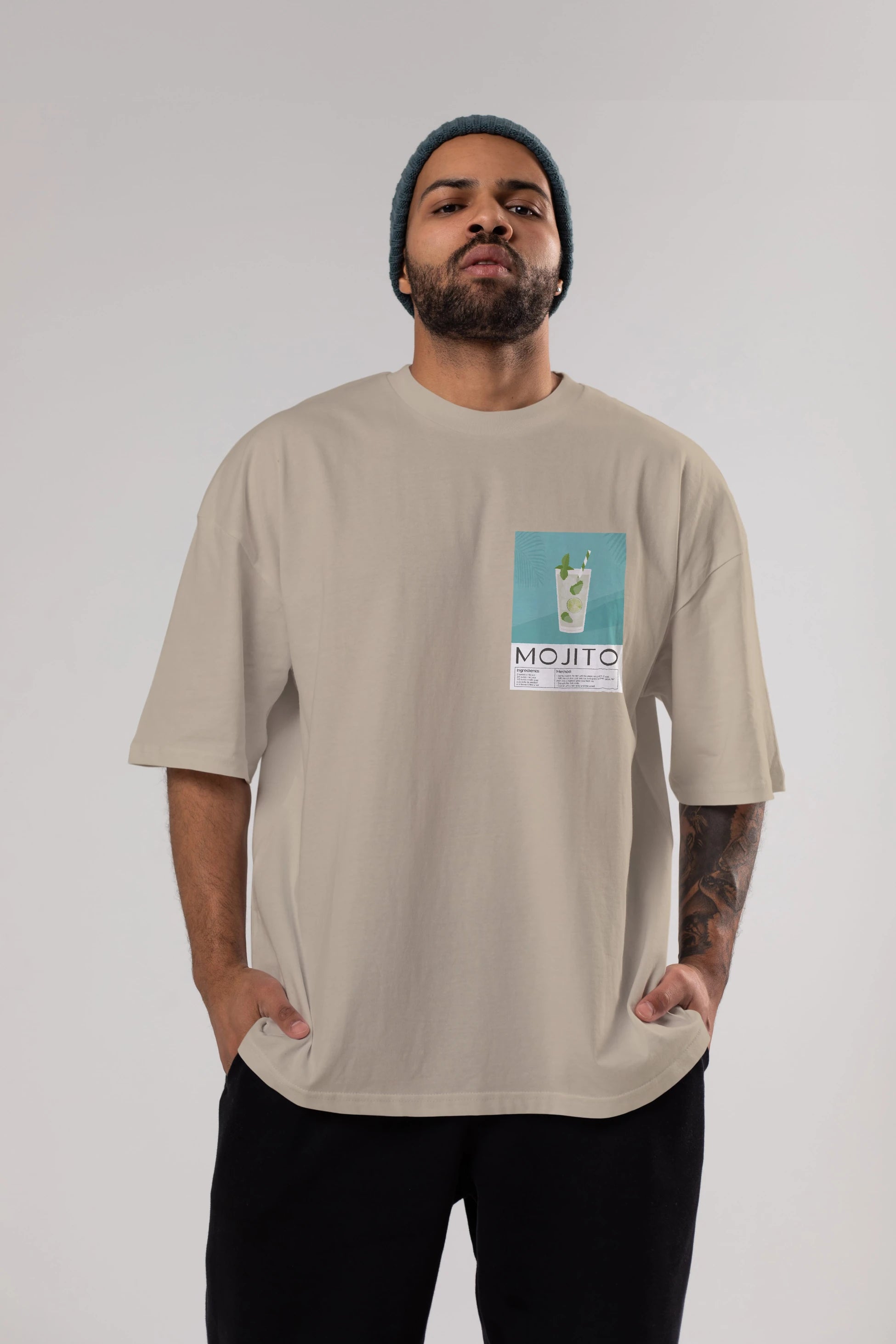 Mojito 4 Ön Sol Baskılı Oversize t-shirt Erkek Kadın Unisex %100 Pamuk Bisiklet Yaka tişort