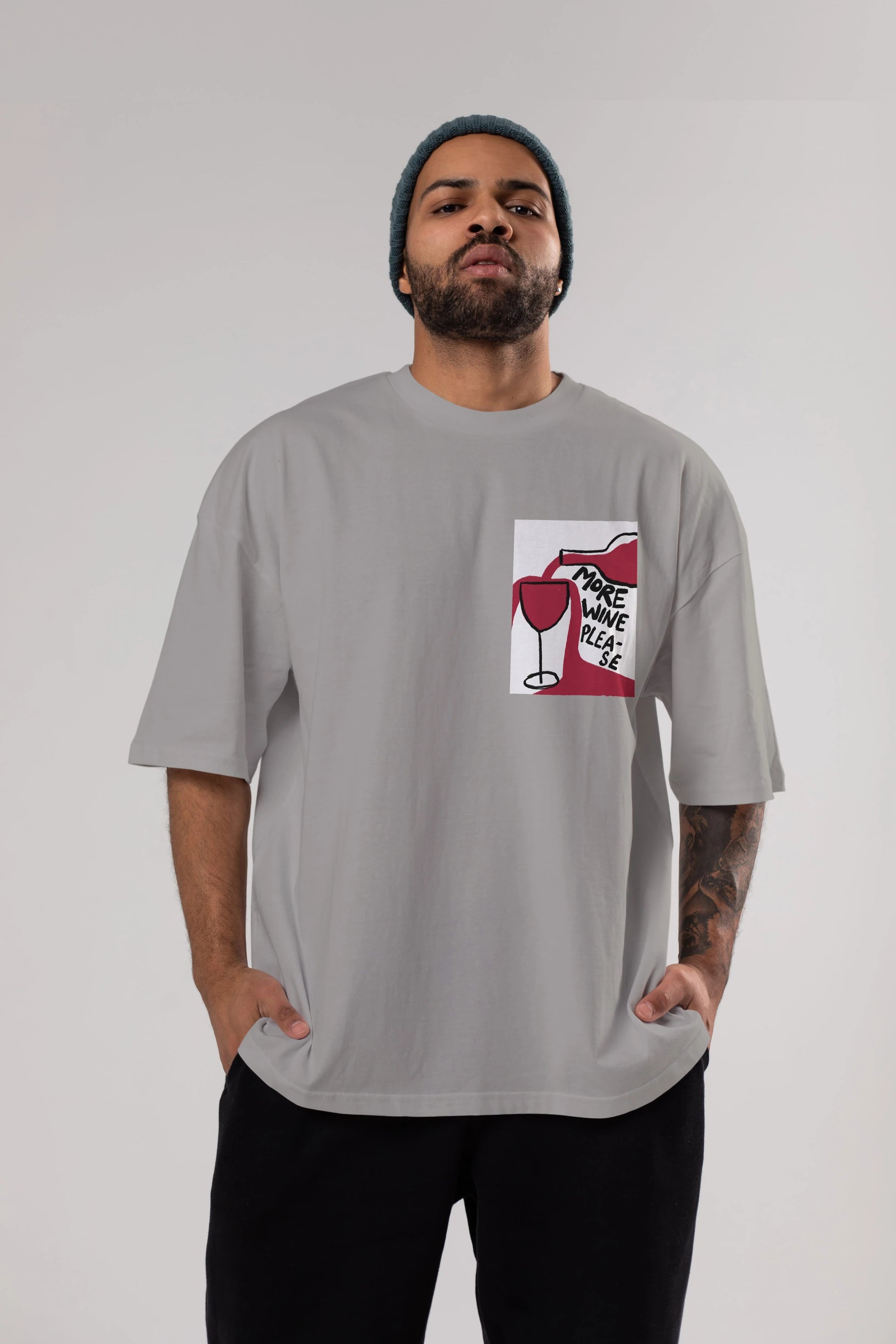 More Wine Please Ön Sol Baskılı Oversize t-shirt Erkek Kadın Unisex %100 Pamuk Bisiklet Yaka tişort
