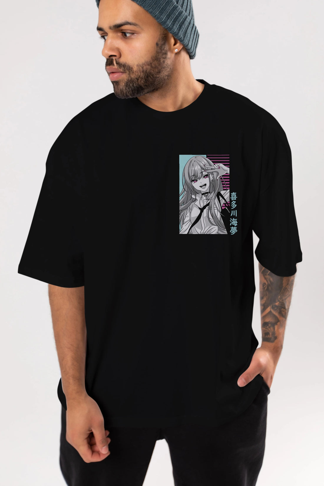 Marin Kitagawa 1 Ön Sol Baskılı Oversize t-shirt Erkek Kadın Unisex %100 Pamuk Bisiklet Yaka tişort