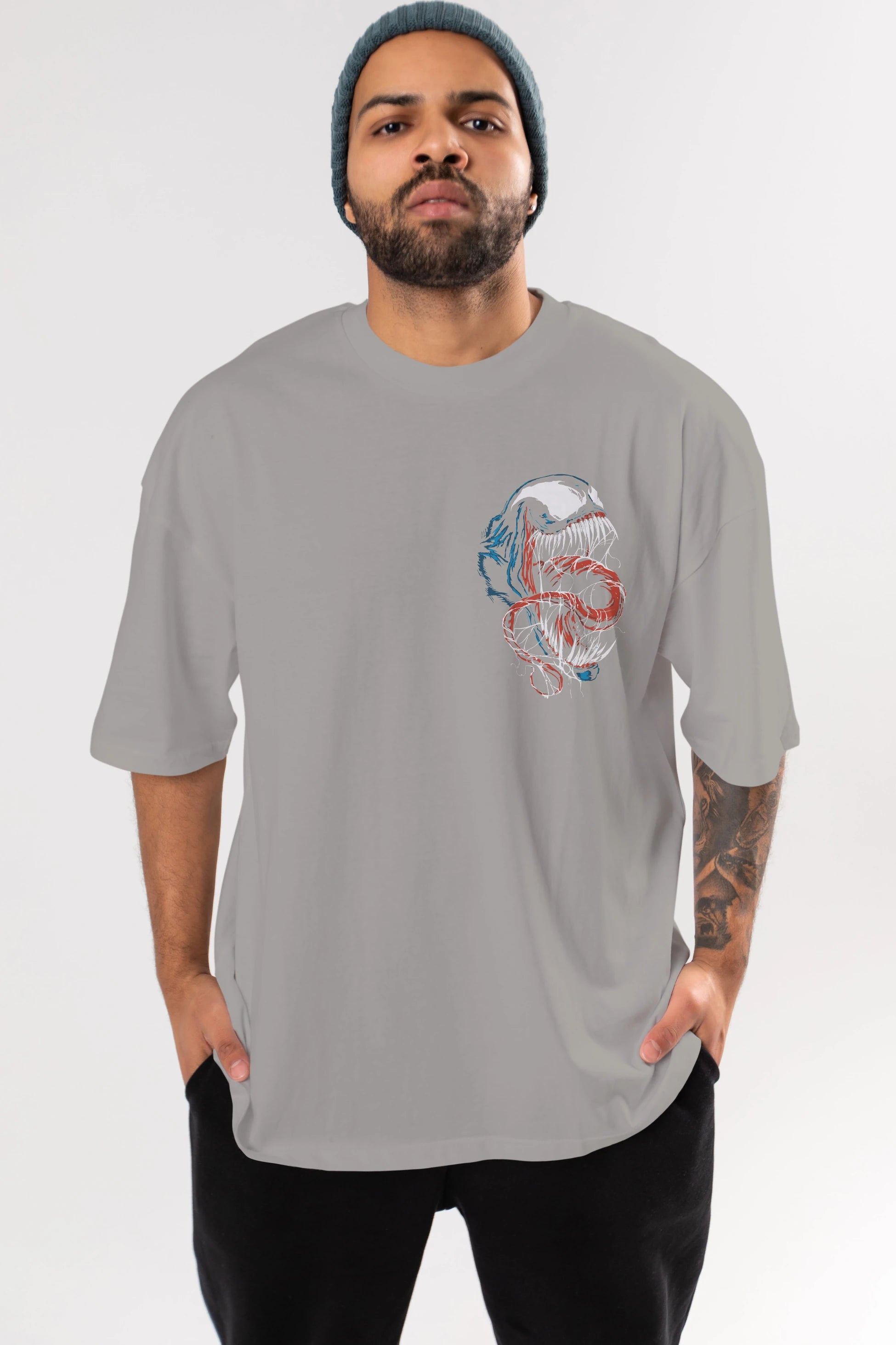 Venom (10) Ön Sol Baskılı Oversize t-shirt Erkek Kadın Unisex %100 Pamuk Bisiklet Yaka tişort