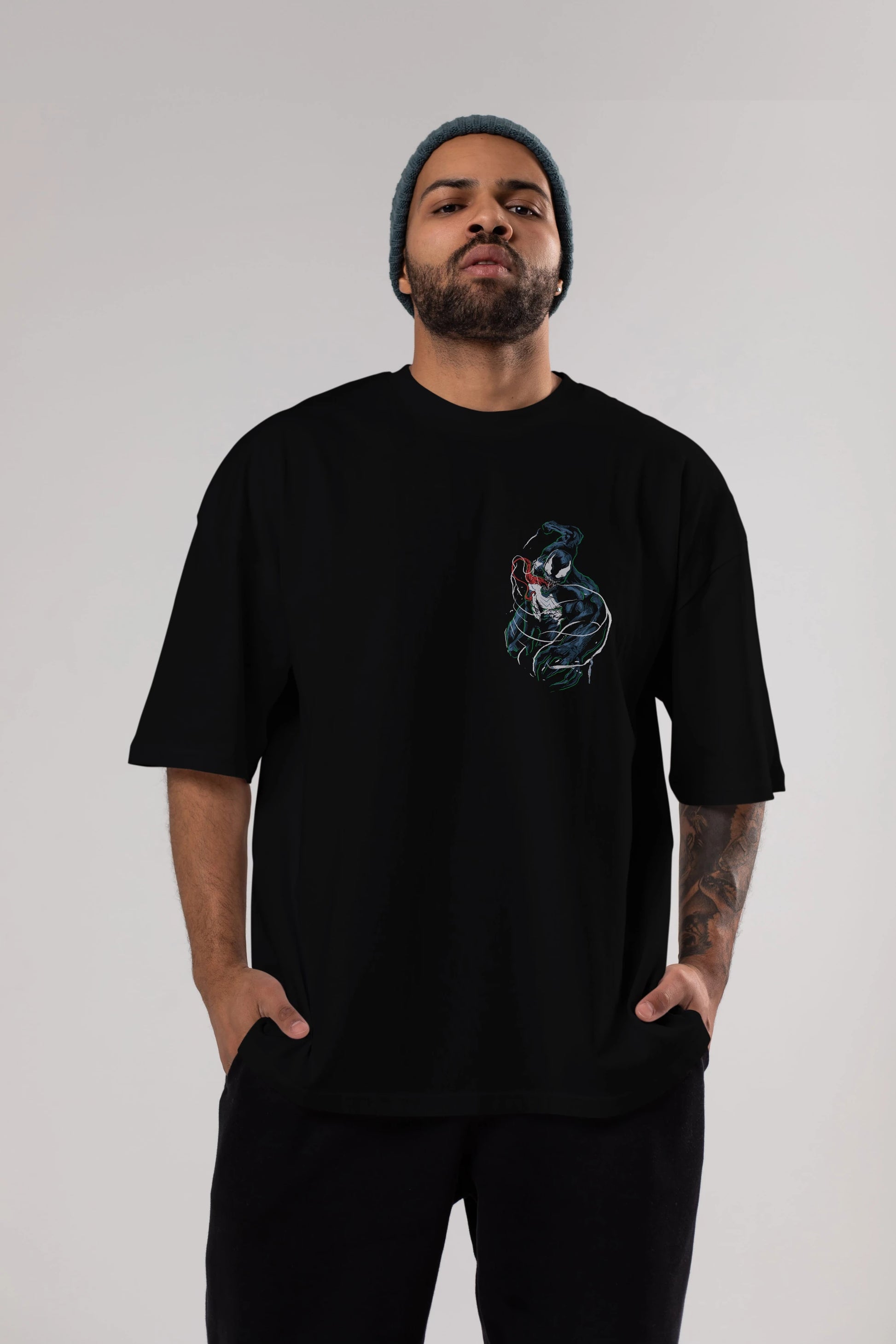 Venom (5) Ön Sol Baskılı Oversize t-shirt Erkek Kadın Unisex %100 Pamuk Bisiklet Yaka tişort