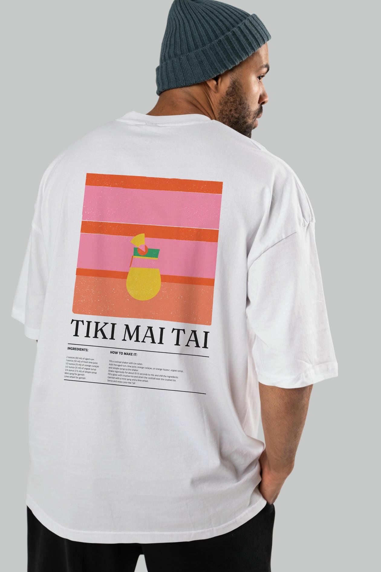 Tiki Mai Tai Kokteyl Serisi Arka Baskılı Oversize t-shirt Erkek Kadın %100 Pamuk Bisiklet Yaka tişort