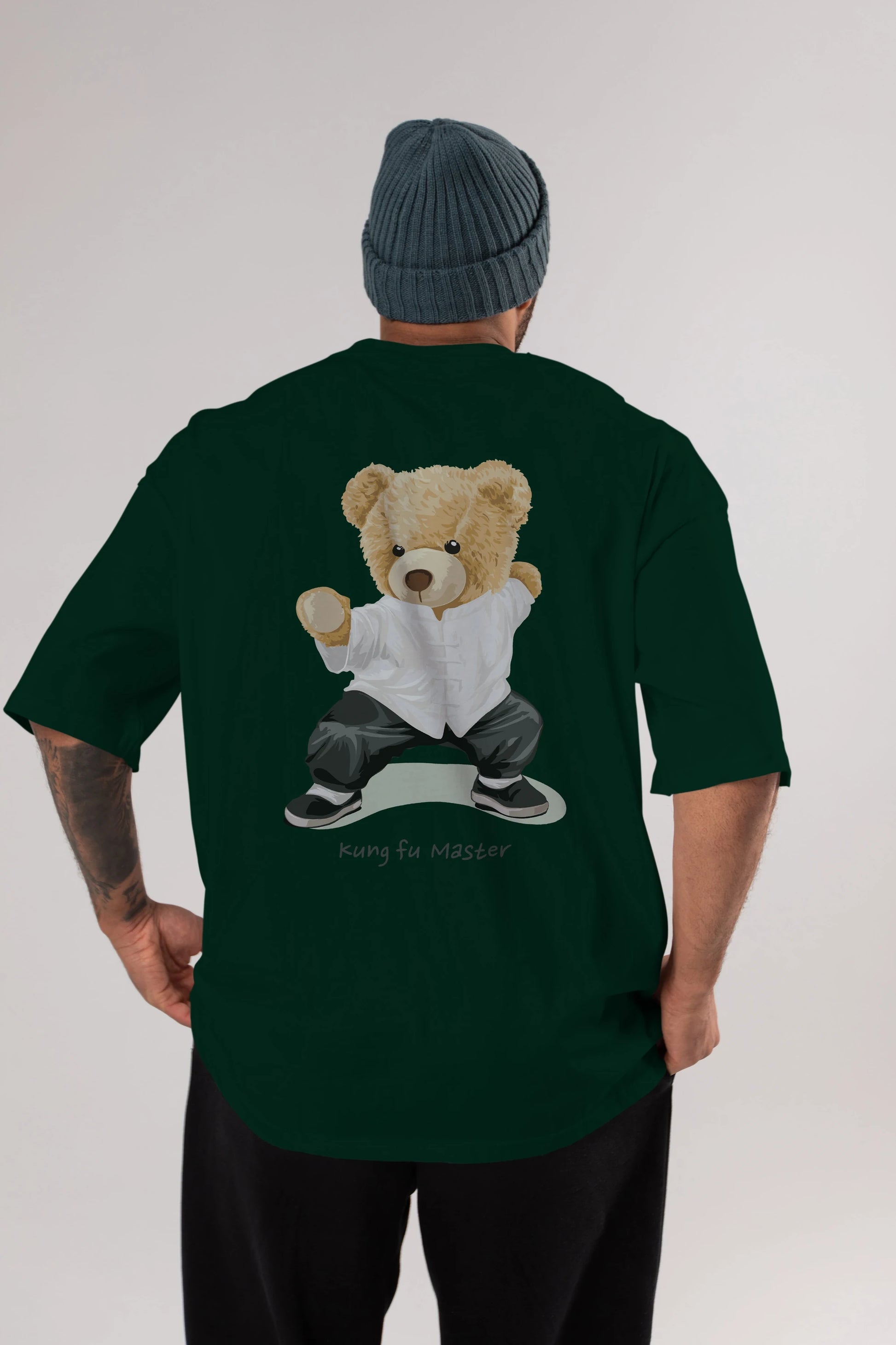 Teddy Bear Kung Fu Master Arka Baskılı Oversize t-shirt Erkek Kadın Unisex %100 Pamuk