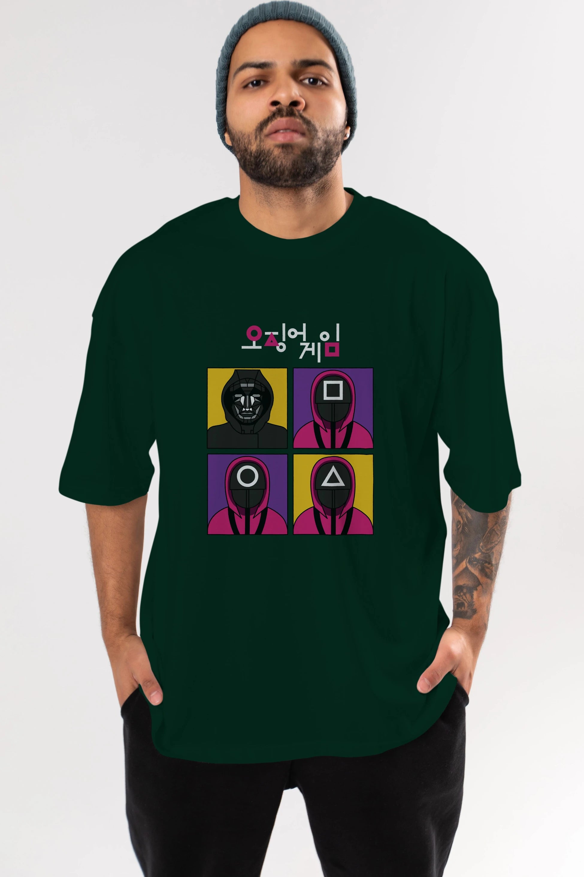 Squid Game (1) Ön Baskılı Oversize t-shirt Erkek Kadın Unisex %100 Pamuk Bisiklet Yaka tişort