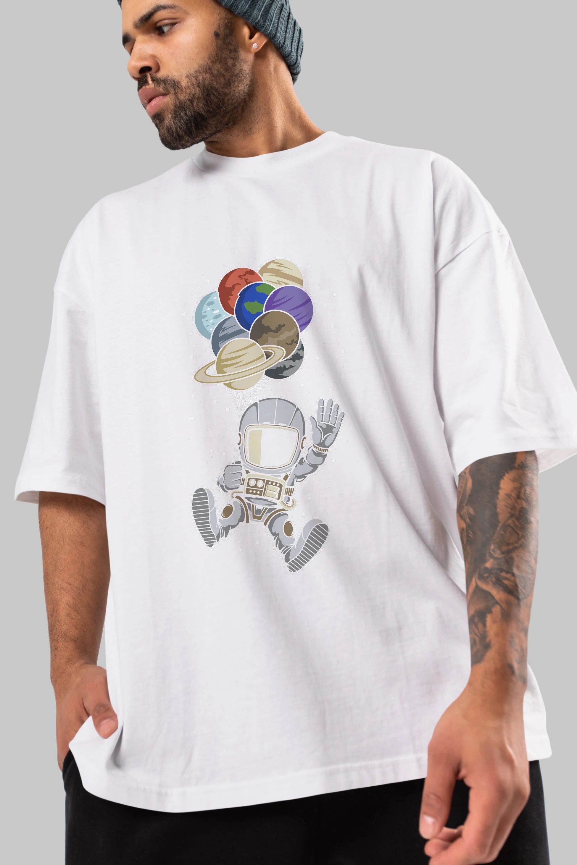 Astronaut Baloon Planets Ön Baskılı Oversize t-shirt Erkek Kadın Unisex