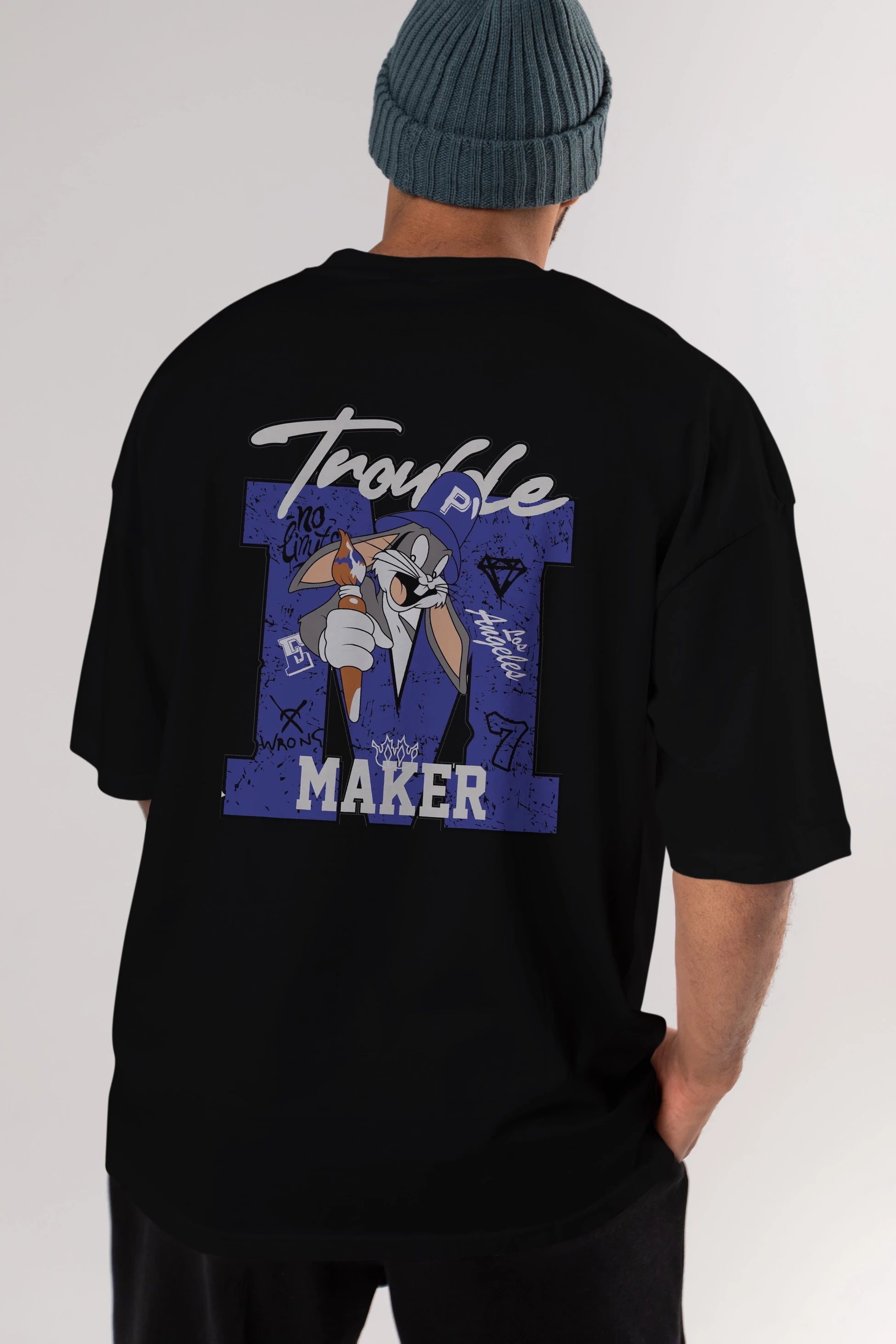 Bugs Bunny Arka Baskılı Oversize t-shirt Erkek Kadın Unisex %100 Pamuk Bisiklet Yaka tişort