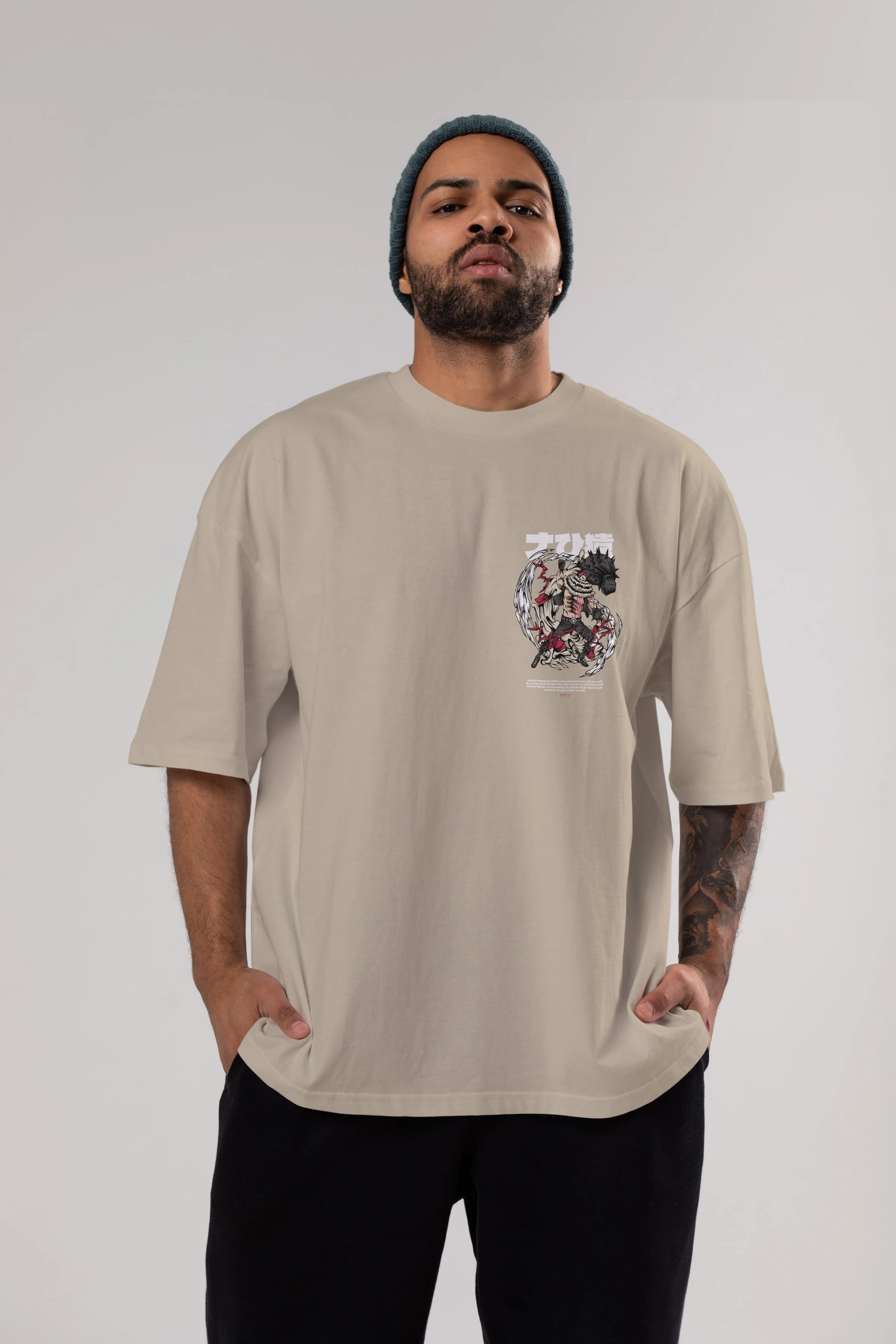 Katakuri Ön Sol Baskılı Oversize t-shirt Erkek Kadın Unisex %100 Pamuk Bisiklet Yaka tişort