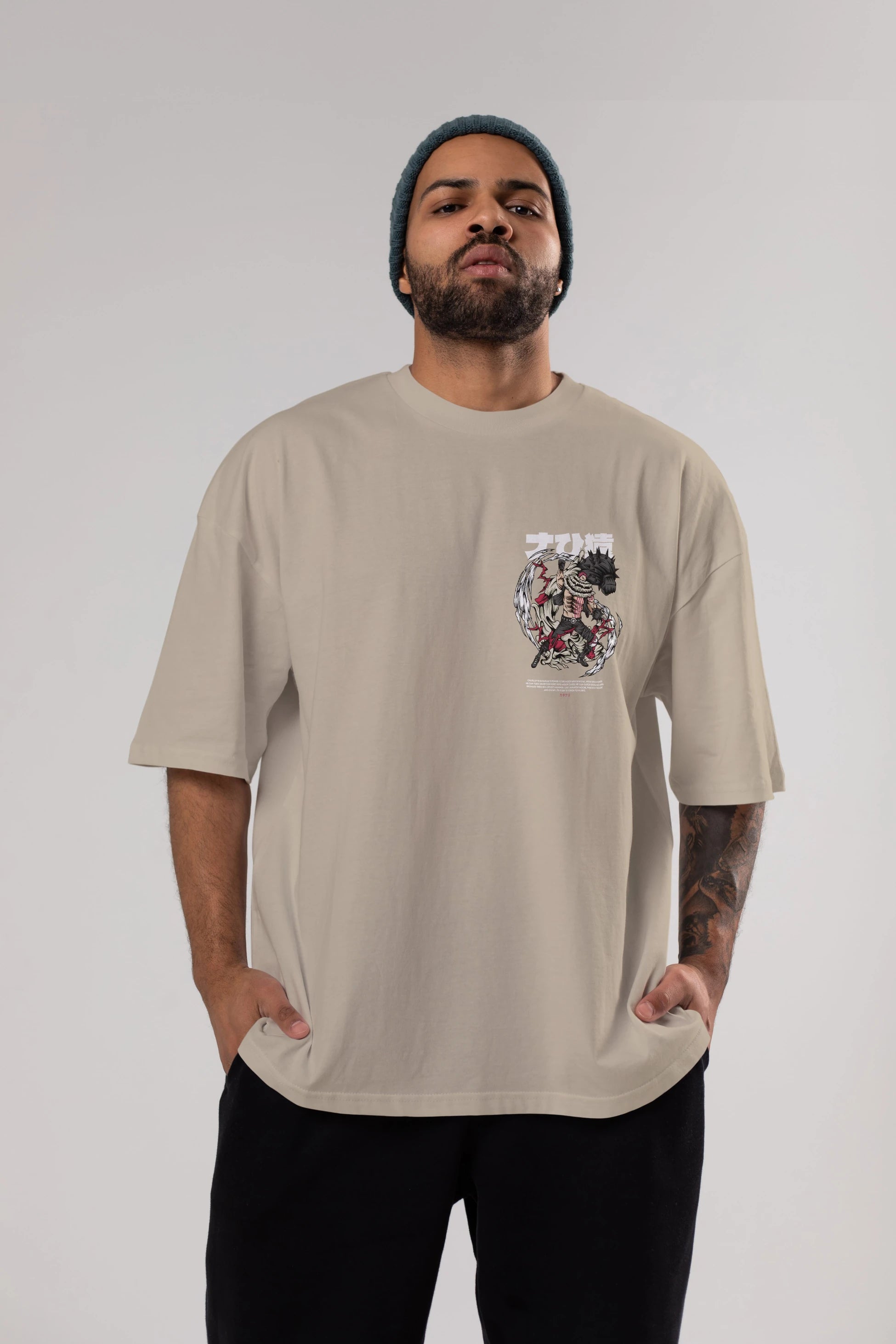 Katakuri Ön Sol Baskılı Oversize t-shirt Erkek Kadın Unisex %100 Pamuk Bisiklet Yaka tişort