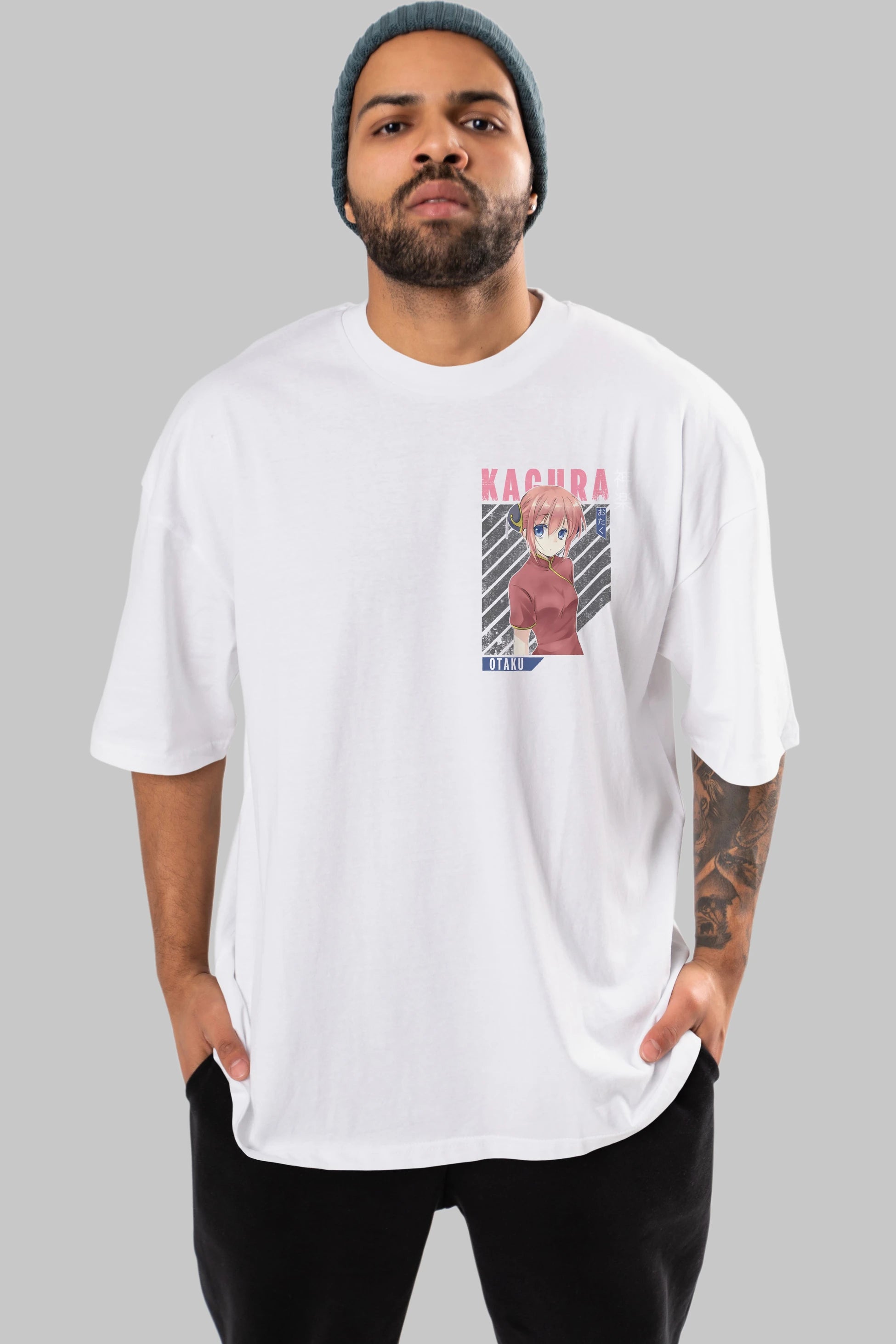 Kagura GINTAMA Ön Sol Baskılı Oversize t-shirt Erkek Kadın Unisex %100 Pamuk Bisiklet Yaka tişort
