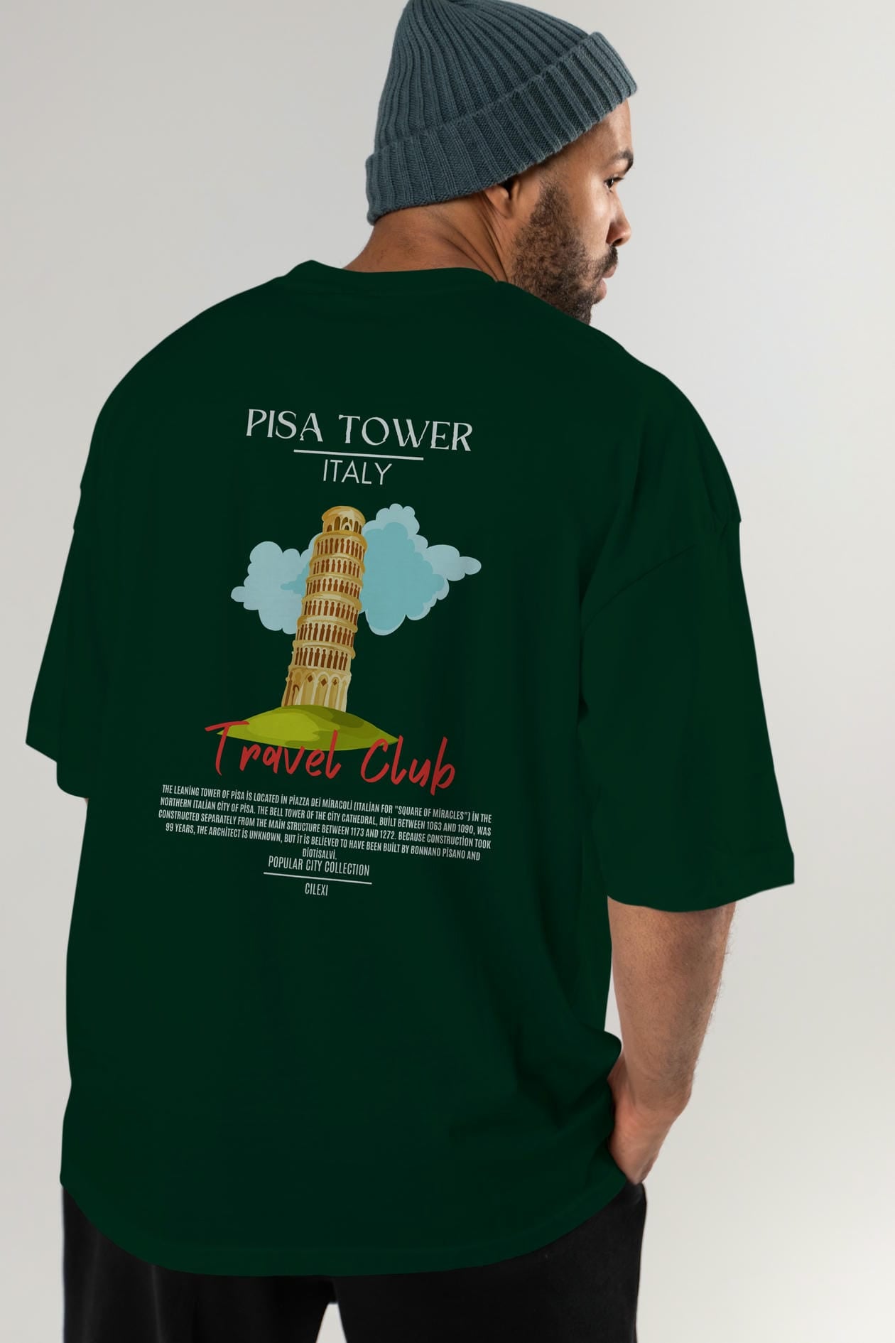 Pisa Tower İtaly Arka Baskılı Oversize t-shirt Erkek Kadın Pamuk Bisiklet Yaka tişort