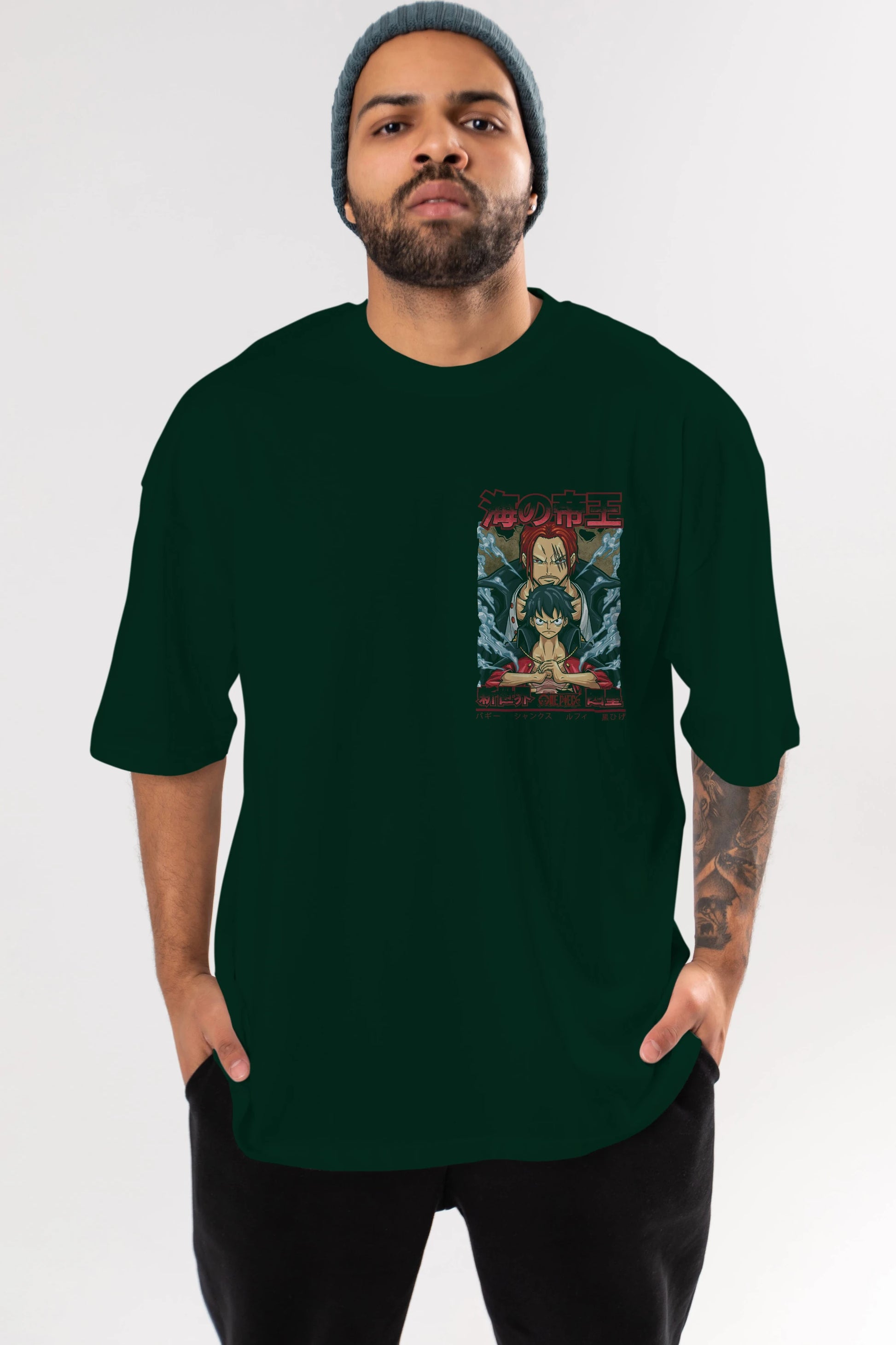 MONKEY D. LUFF and SHANKS Ön Sol Baskılı Oversize t-shirt Erkek Kadın Unisex %100 Pamuk Bisiklet Yaka tişort
