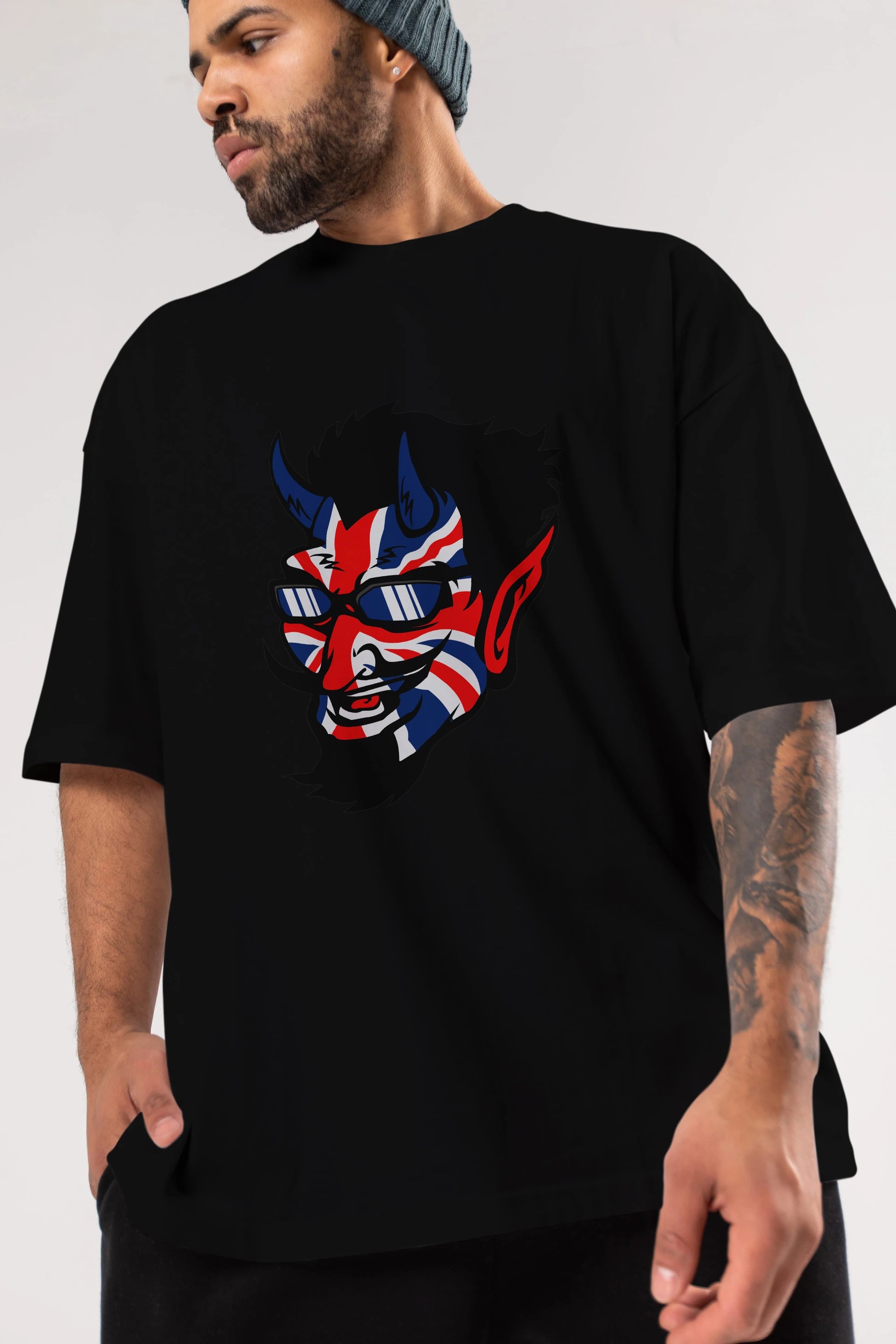 UK Devil Ön Baskılı Oversize t-shirt Erkek Kadın Unisex %100 Pamuk tişort