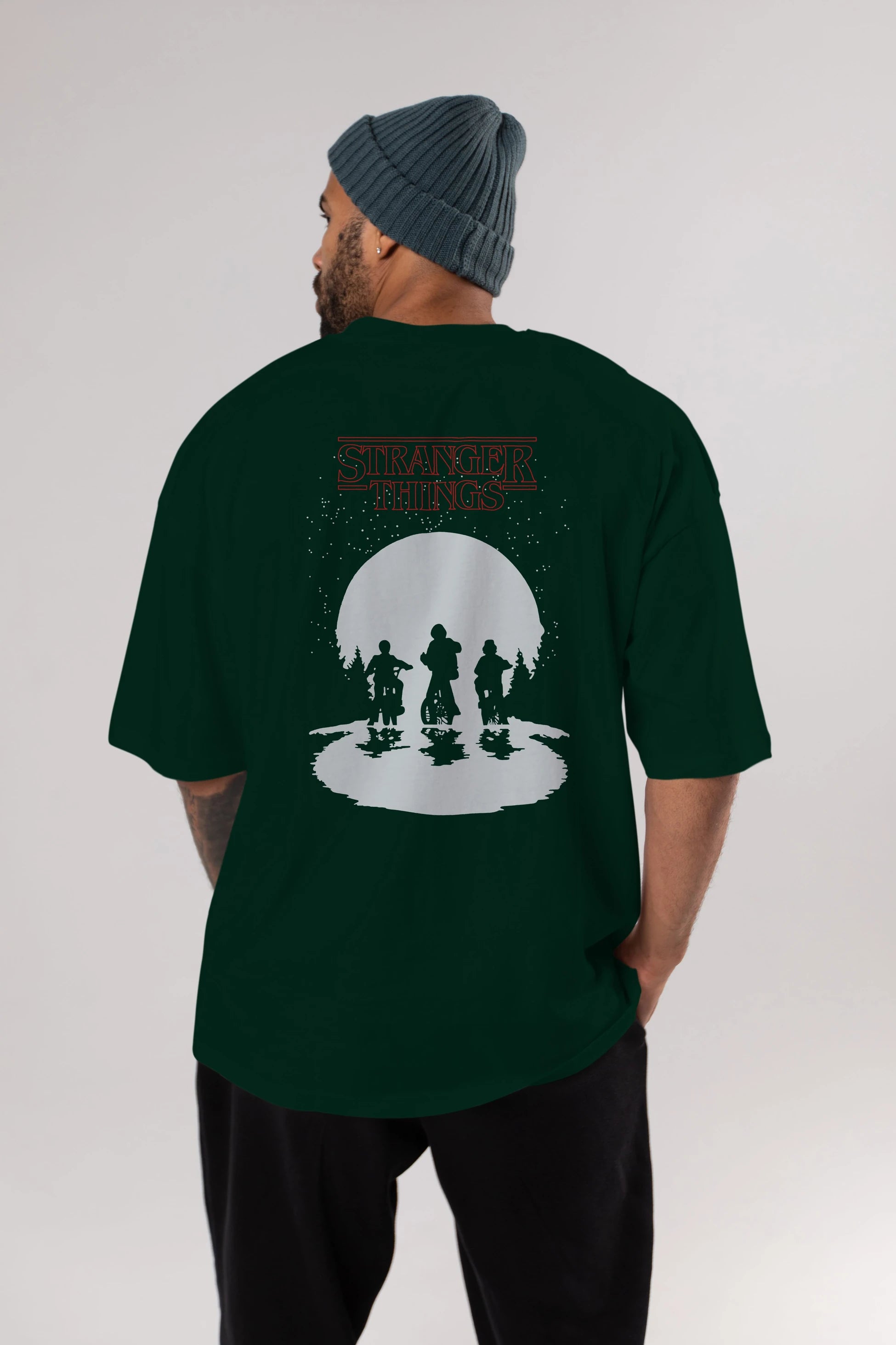 Stranger Things Arka Baskılı Oversize t-shirt Erkek Kadın Unisex %100 Pamuk Bisiklet Yaka tişort