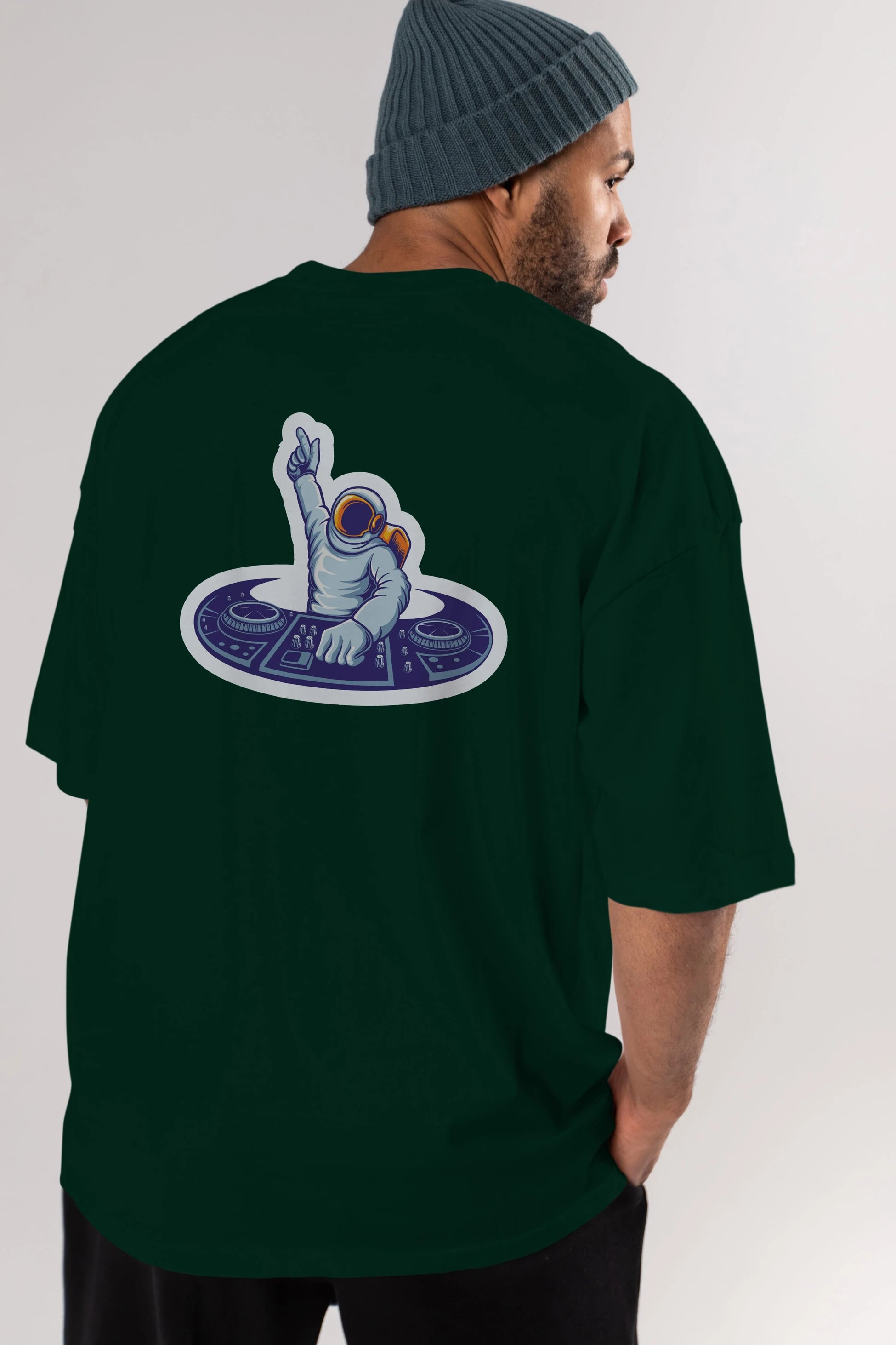 Astronaut Disk Jockey Party Sticker Arka Baskılı Oversize t-shirt Erkek Kadın Unisex