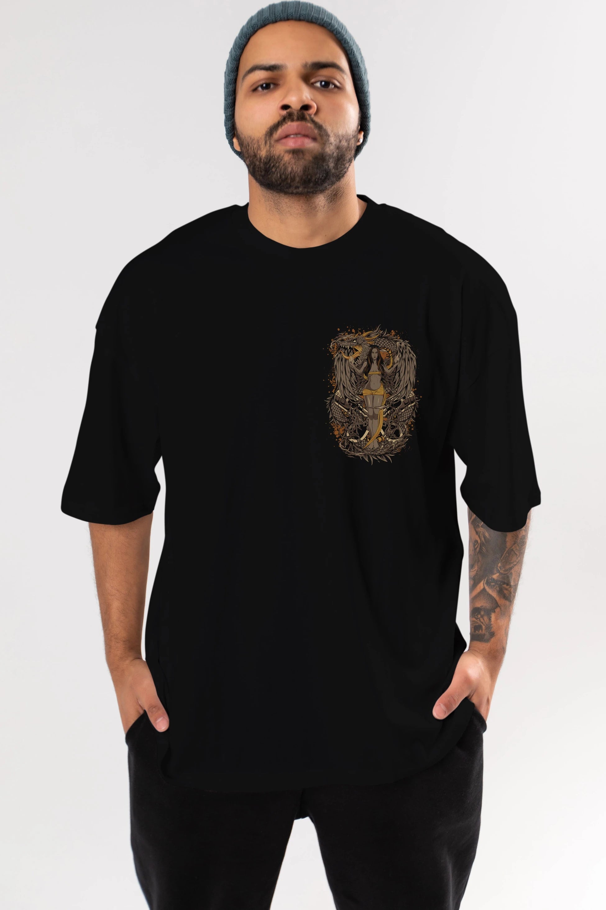 TRIBAL (3) Ön Sol Baskılı Oversize t-shirt Erkek Kadın Unisex %100 Pamuk Bisiklet Yaka tişort