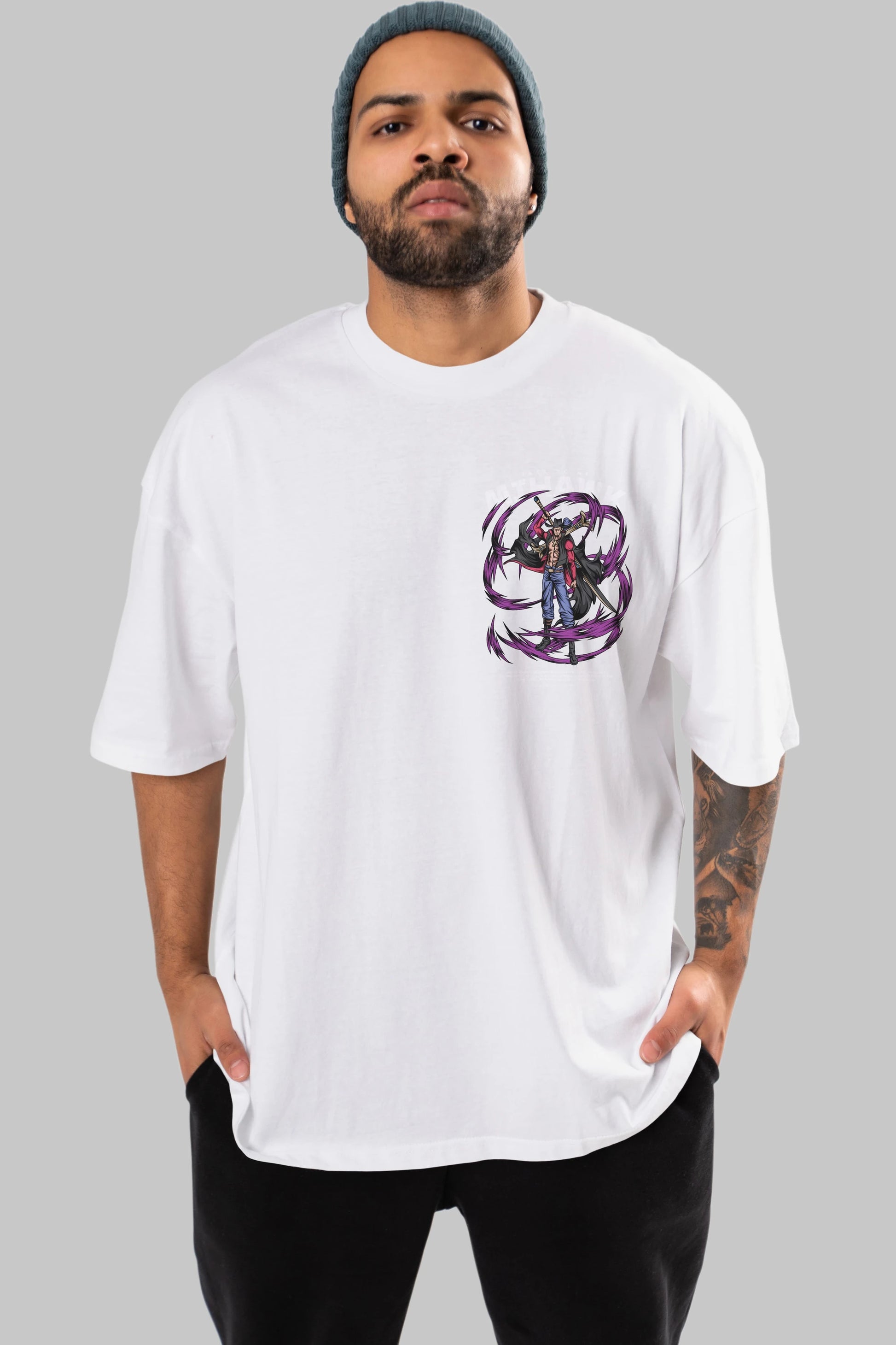 Mihawk Ön Sol Baskılı Oversize t-shirt Erkek Kadın Unisex %100 Pamuk Bisiklet Yaka tişort