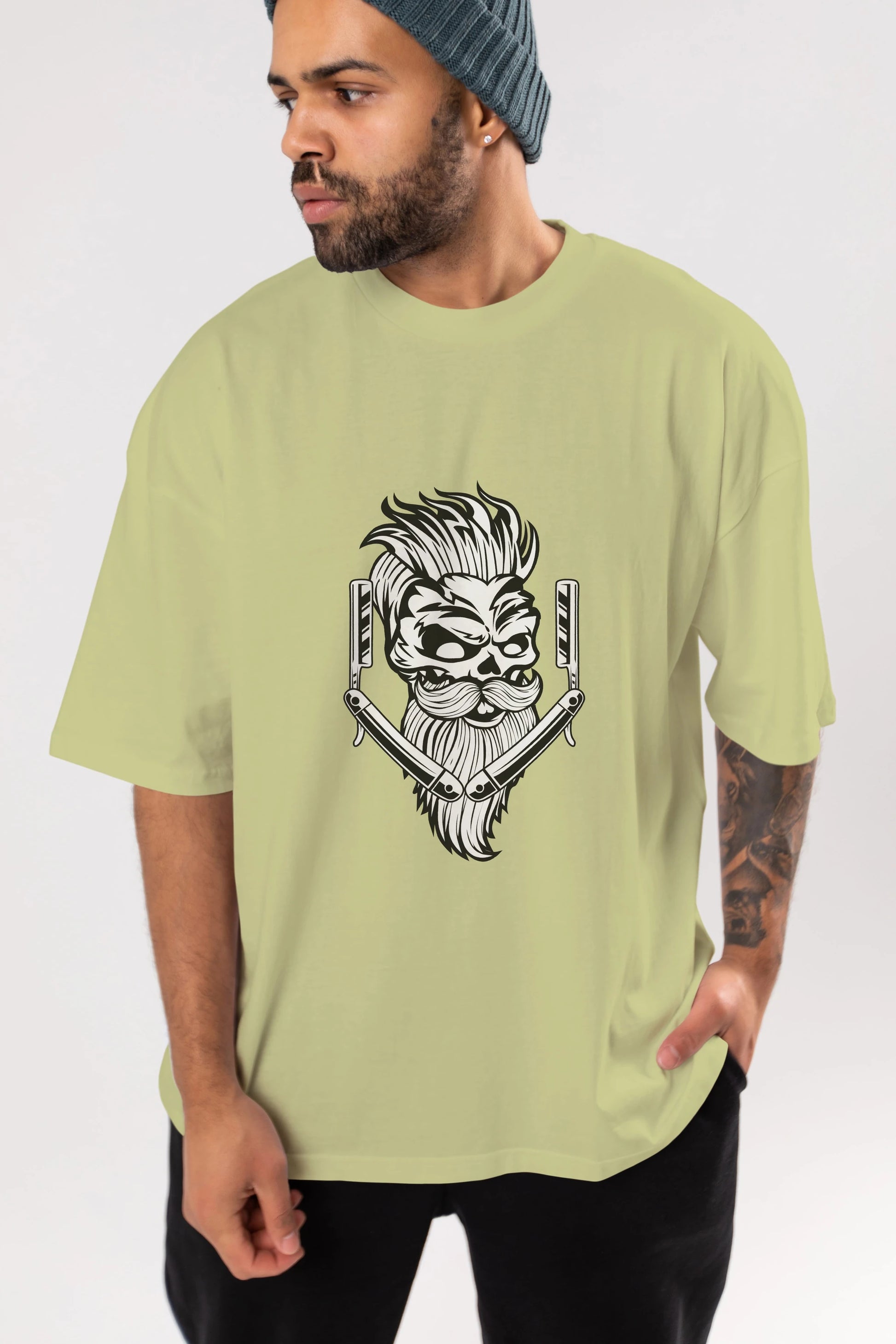 Skull Beard Ön Baskılı Oversize t-shirt Erkek Kadın Unisex %100 Pamuk tişort