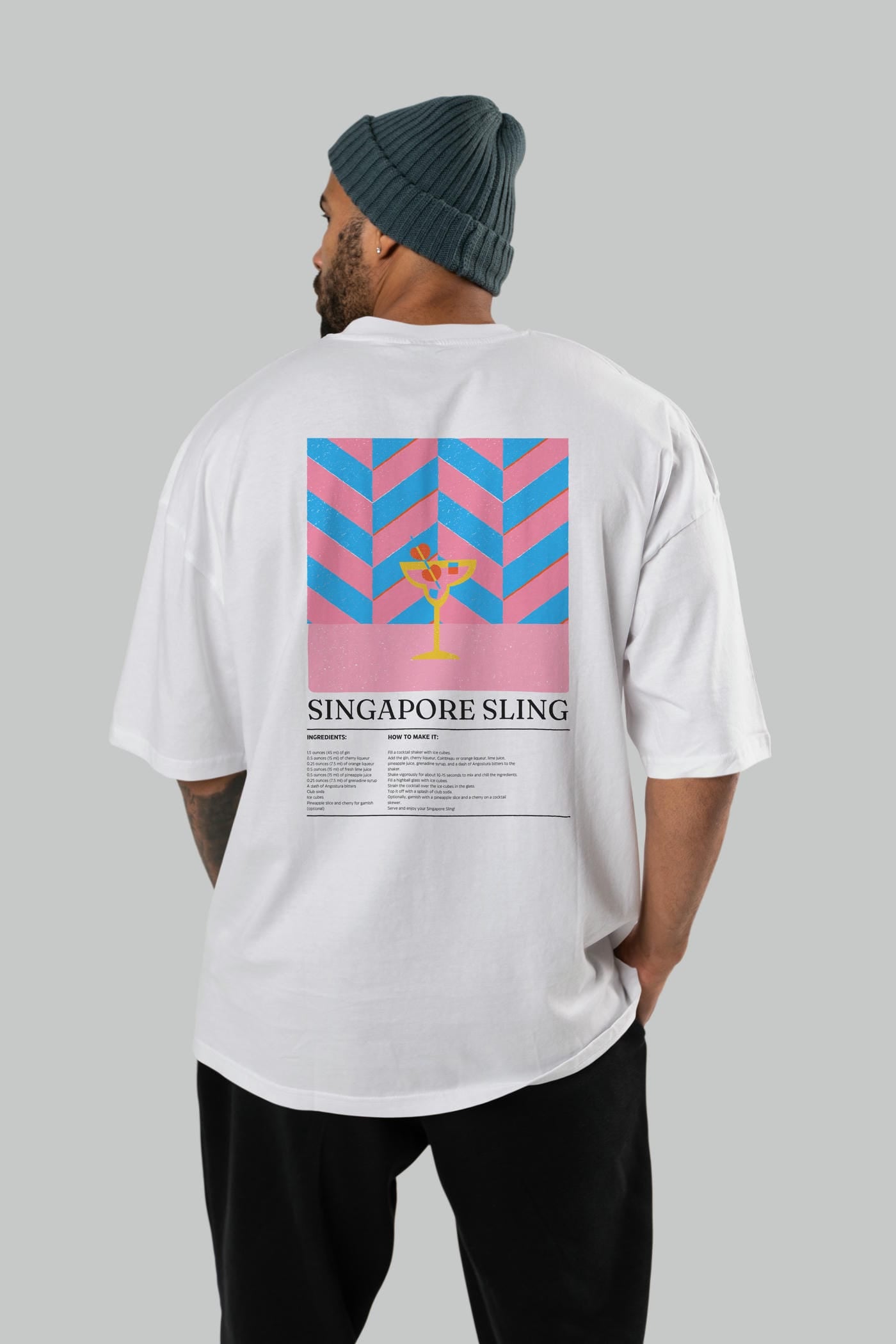 Singapore Sling Kokteyl Serisi Arka Baskılı Oversize t-shirt Erkek Kadın %100 Pamuk Bisiklet Yaka tişort