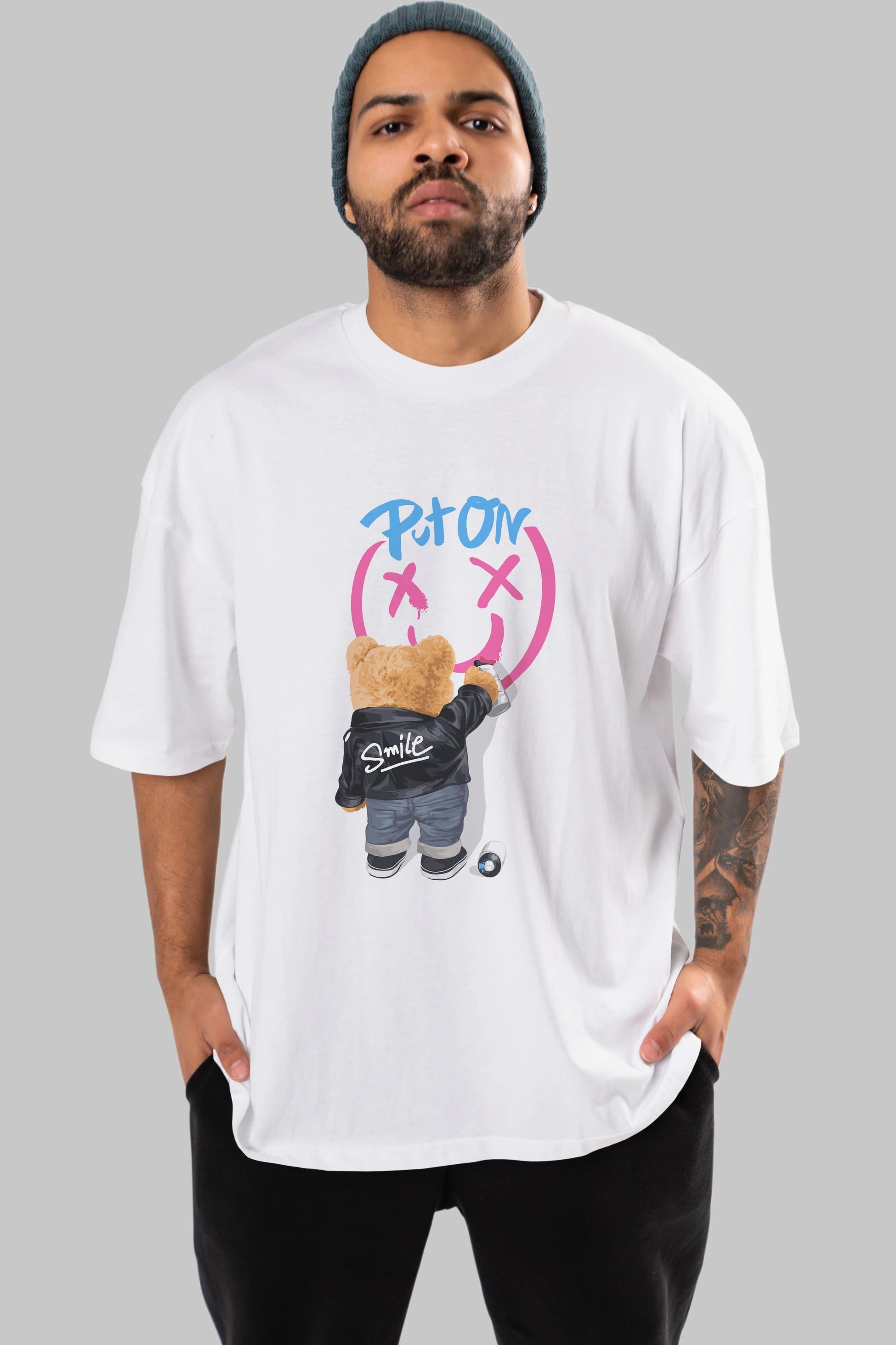 Put on Smile Bear Ön Baskılı Oversize t-shirt Erkek Kadın Unisex