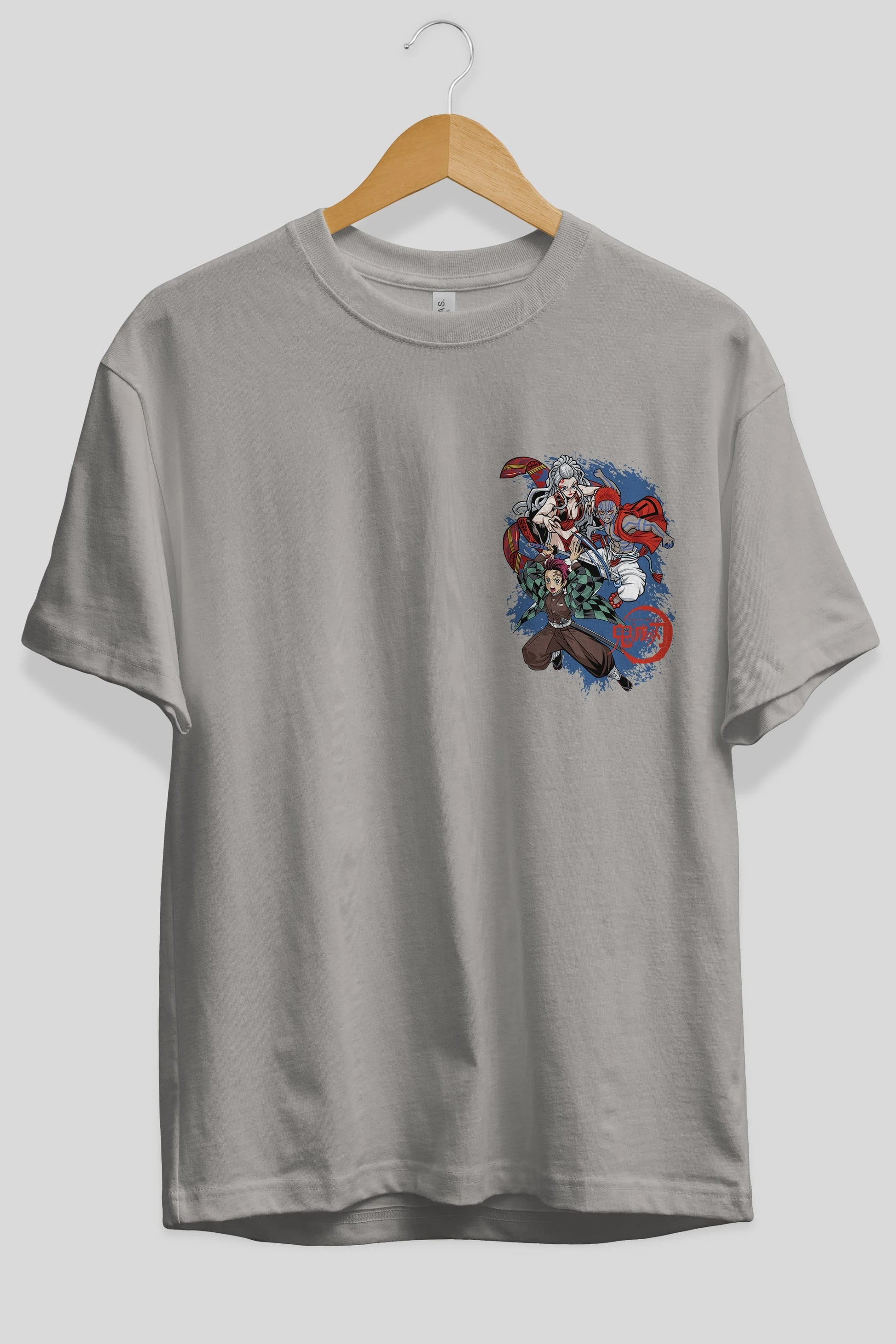 TANJIRO ,AKAZA,DAKI Ön Sol Baskılı Oversize t-shirt Erkek Kadın Unisex %100 Pamuk Bisiklet Yaka tişort