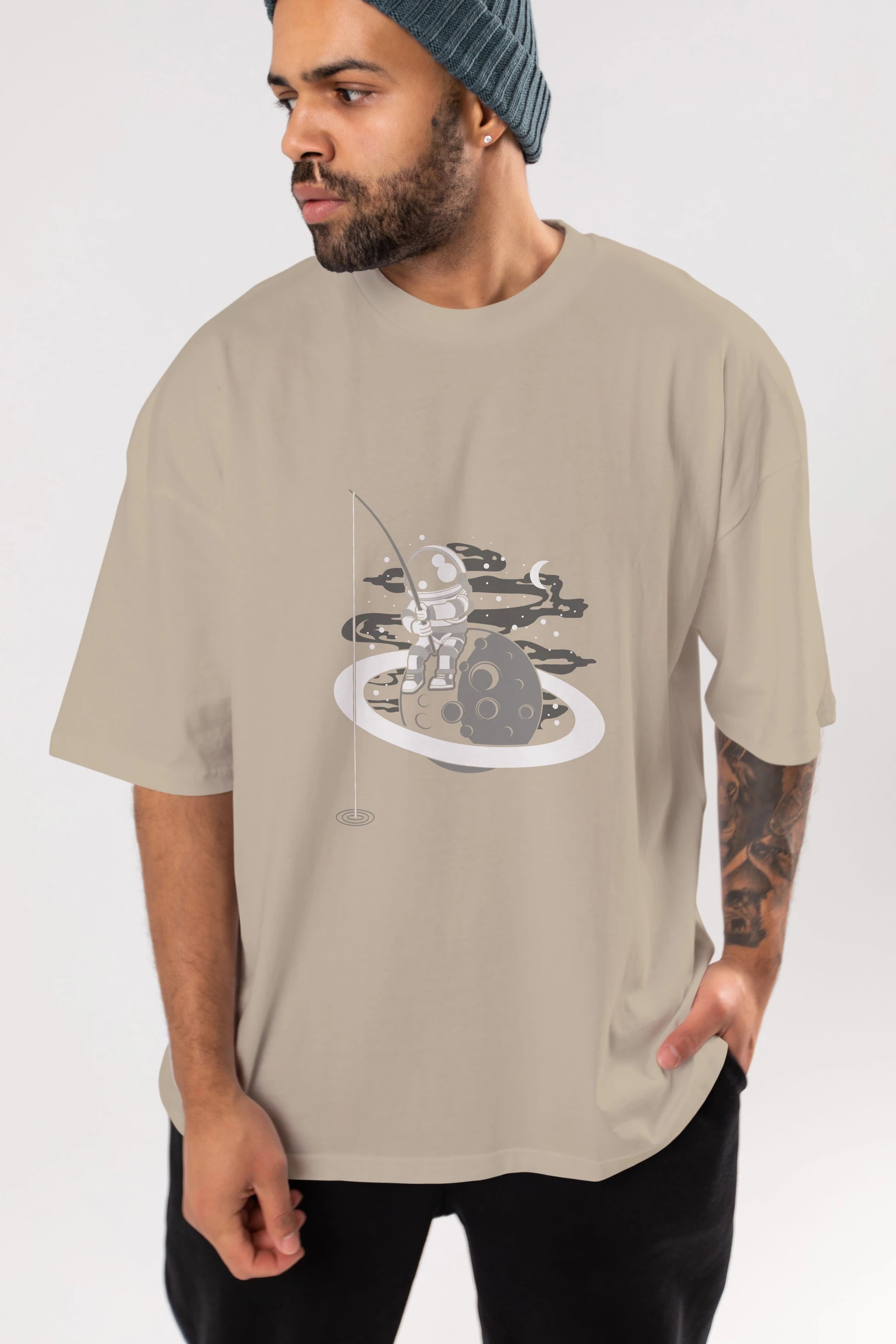 Astronaut  Fishing Ön Baskılı Oversize t-shirt Erkek Kadın Unisex