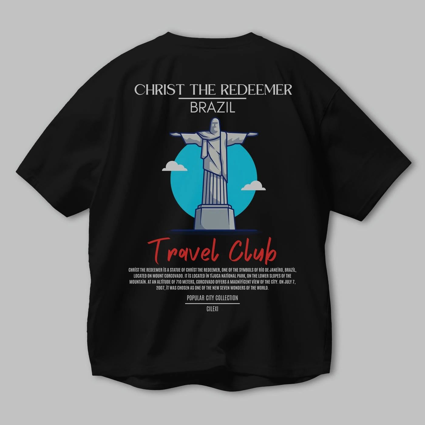 Christ The Redeemer Brazil Arka Baskılı Oversize t-shirt Erkek Kadın Pamuk Bisiklet Yaka tişort
