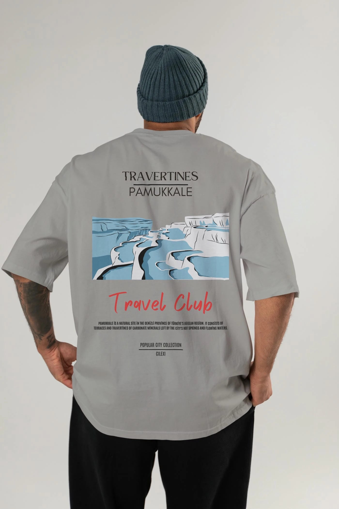 Travertines Pamukkale Arka Baskılı Oversize t-shirt Erkek Kadın Pamuk Bisiklet Yaka tişort