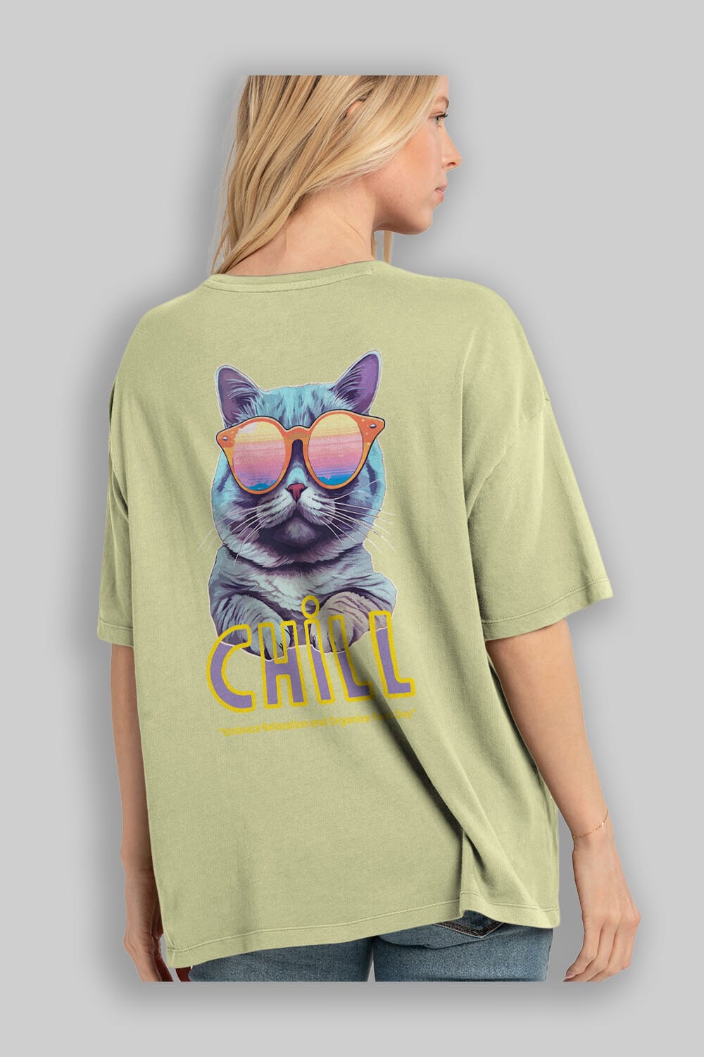 Chill Cat Arka Baskılı Oversize t-shirt Erkek Kadın Unisex
