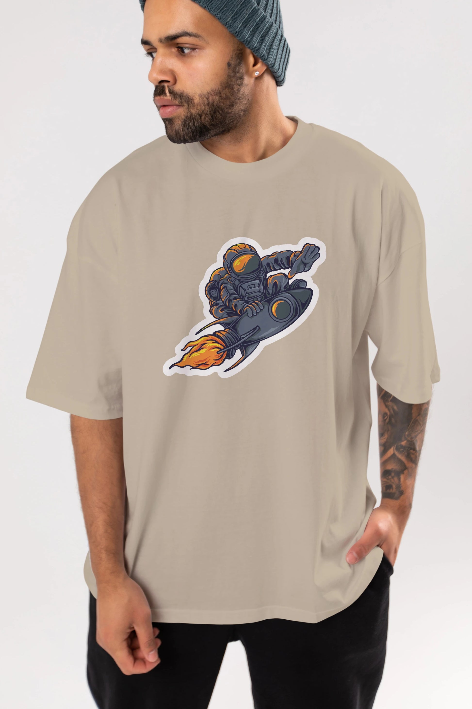Astrocket Illustration Sticker Ön Baskılı Oversize t-shirt Erkek Kadın Unisex