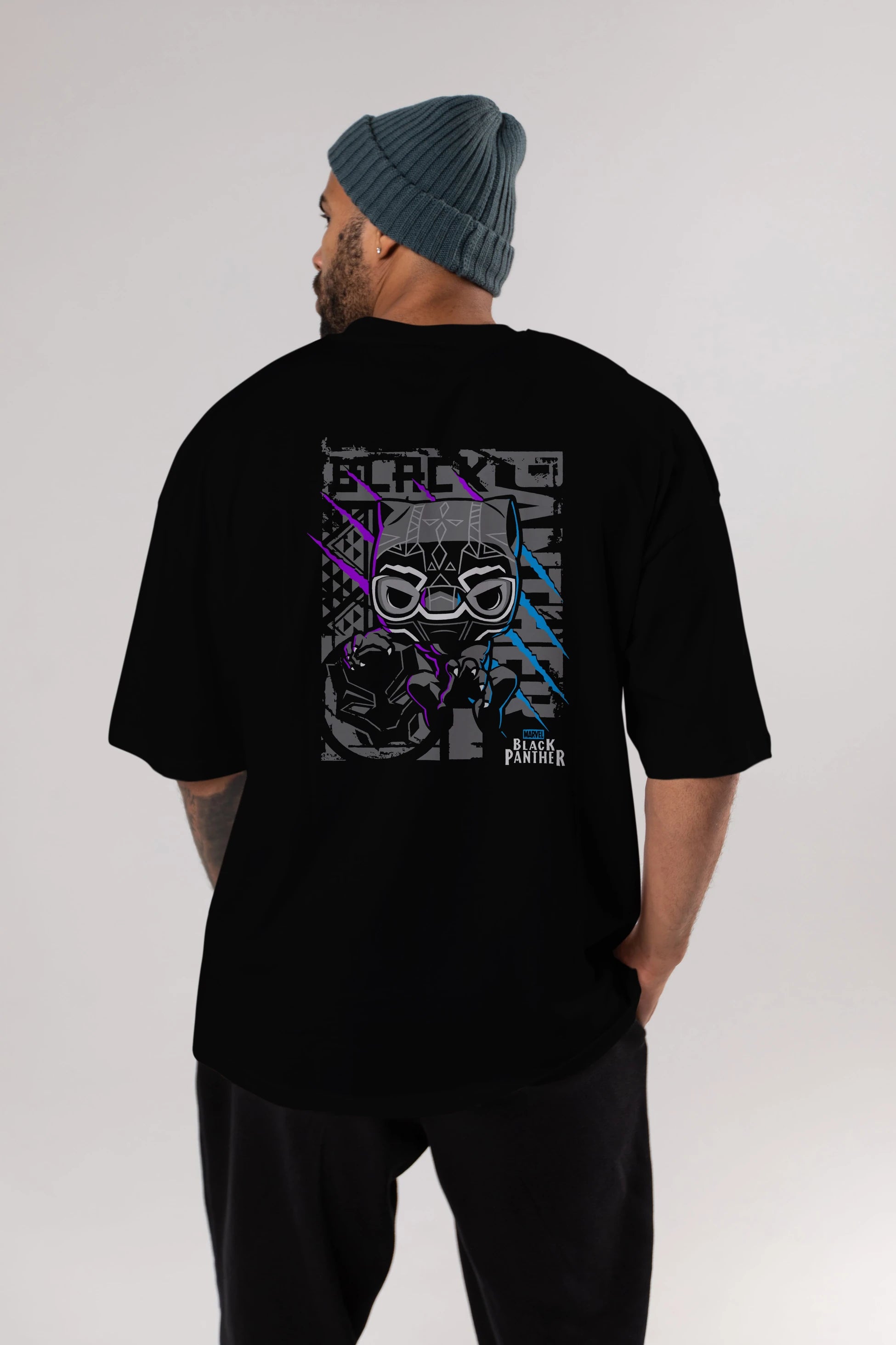 Black Panther Arka Baskılı Oversize t-shirt Erkek Kadın Unisex %100 Pamuk Bisiklet Yaka tişort