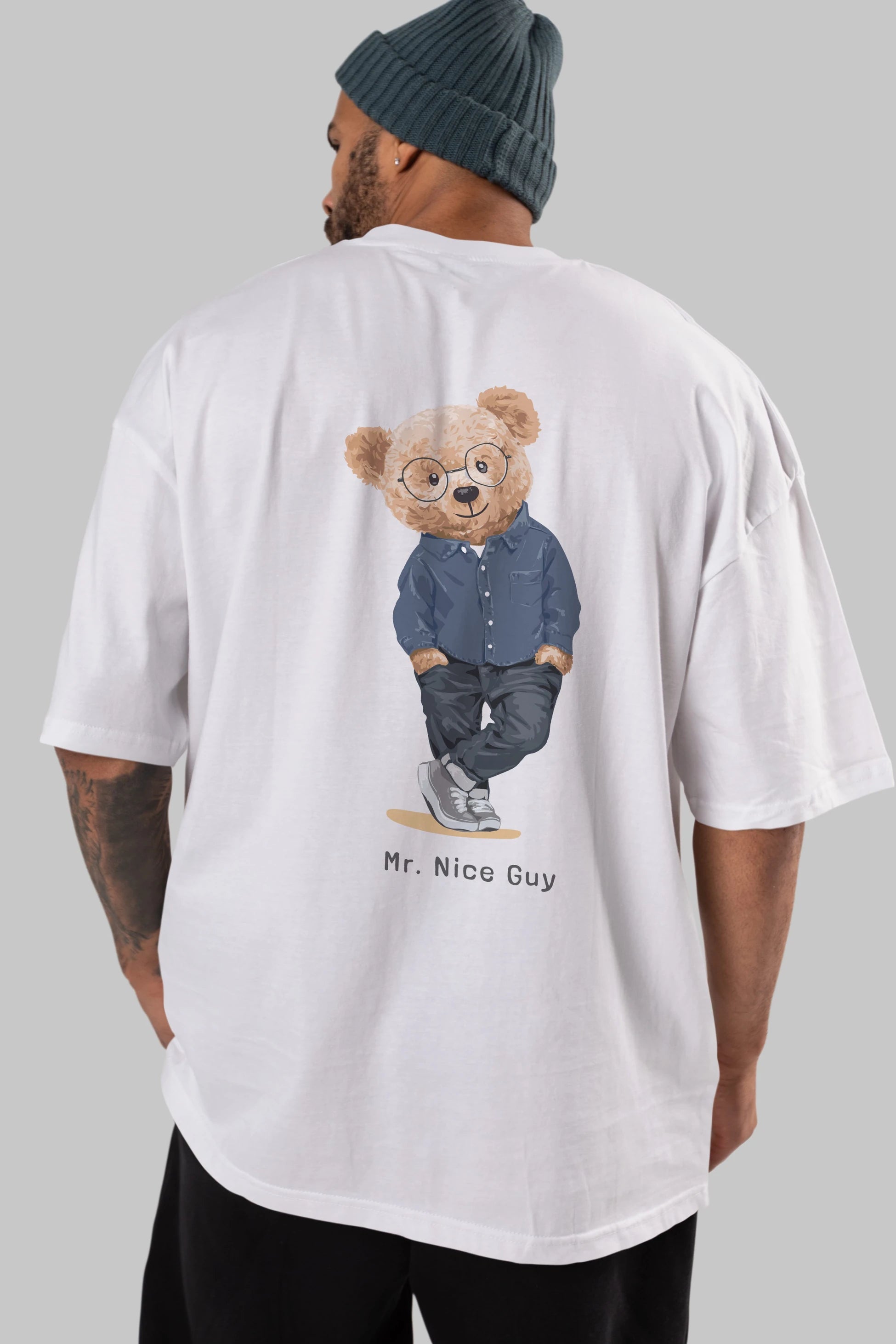 Teddy Bear Mr. Nice Guy Arka Baskılı Oversize t-shirt Erkek Kadın Unisex %100 Pamuk