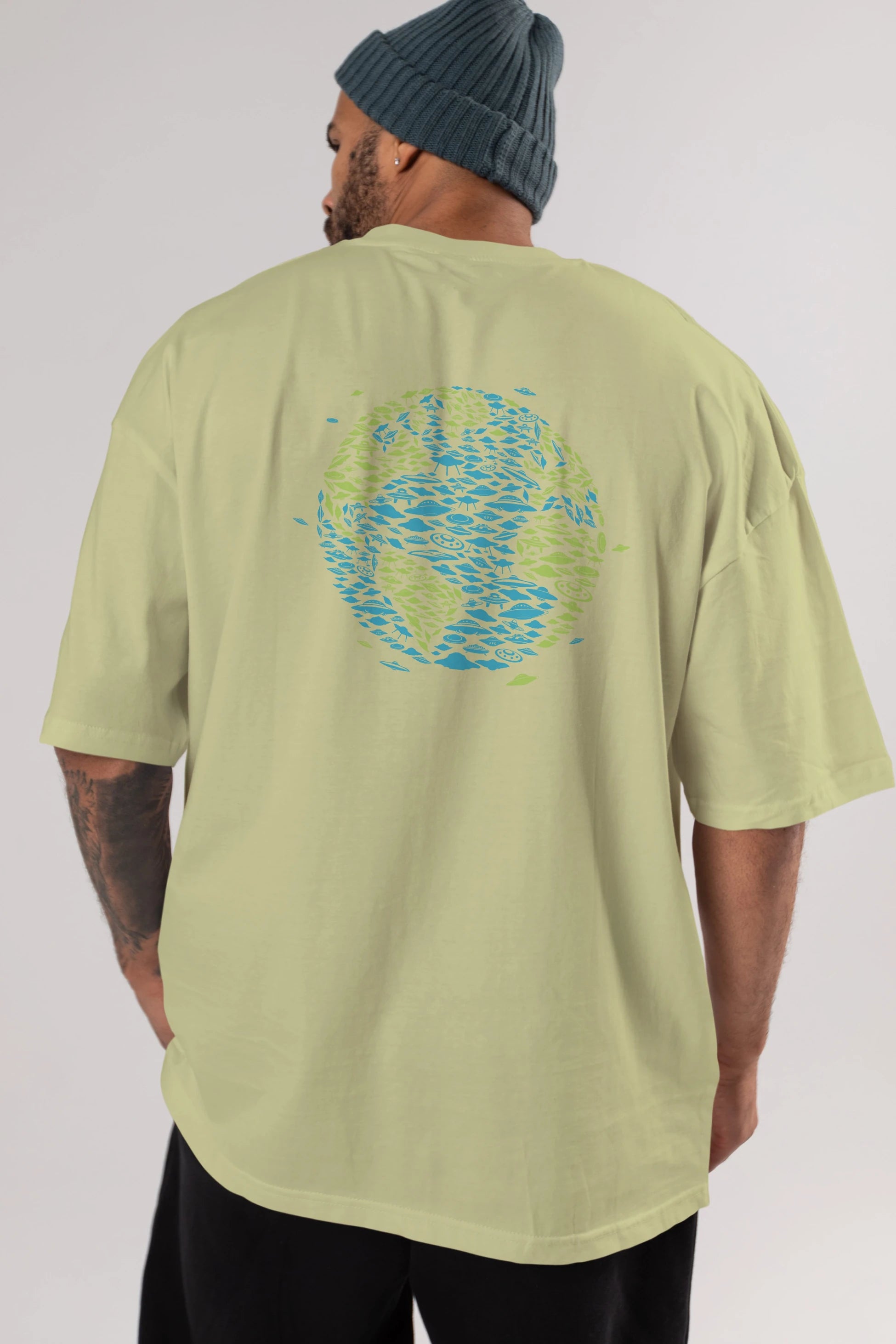 UFO Invasion Arka Baskılı Oversize t-shirt %100 pamuk Erkek Kadın Unisex