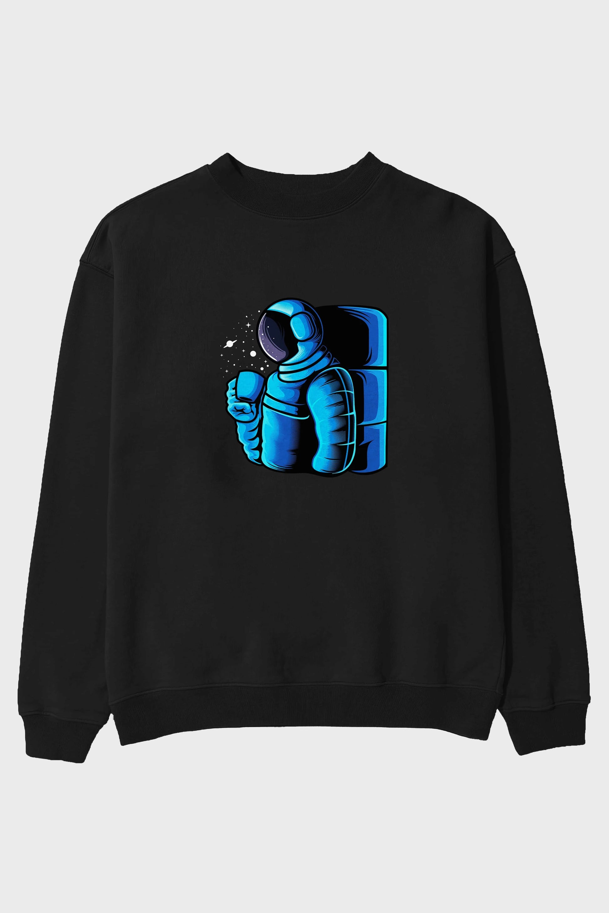 Drinking coffee in space Ön Baskılı Oversize Sweatshirt Erkek Kadın Unisex