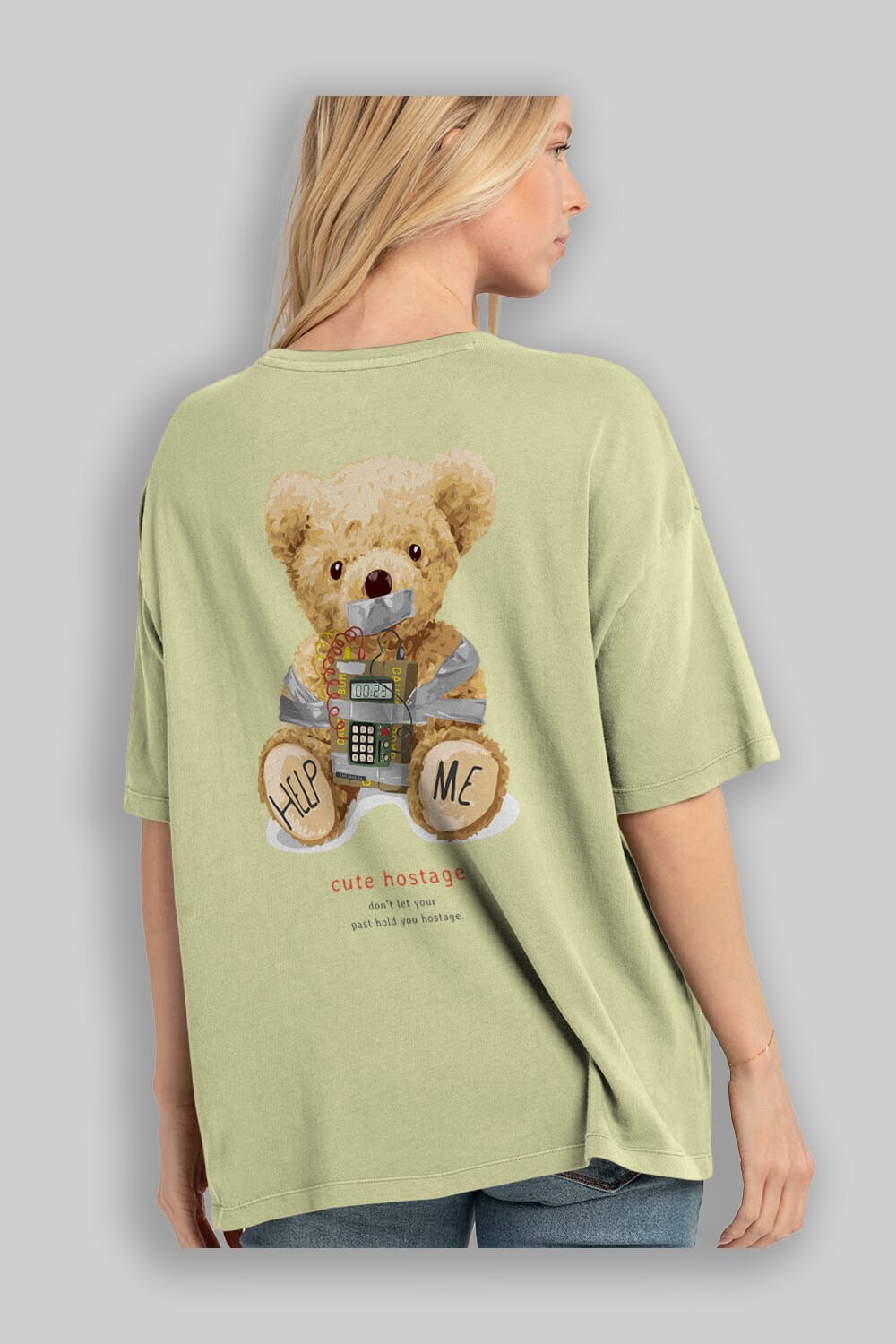 Teddy Bear Help Me Arka Baskılı Oversize t-shirt Erkek Kadın Unisex %100 Pamuk