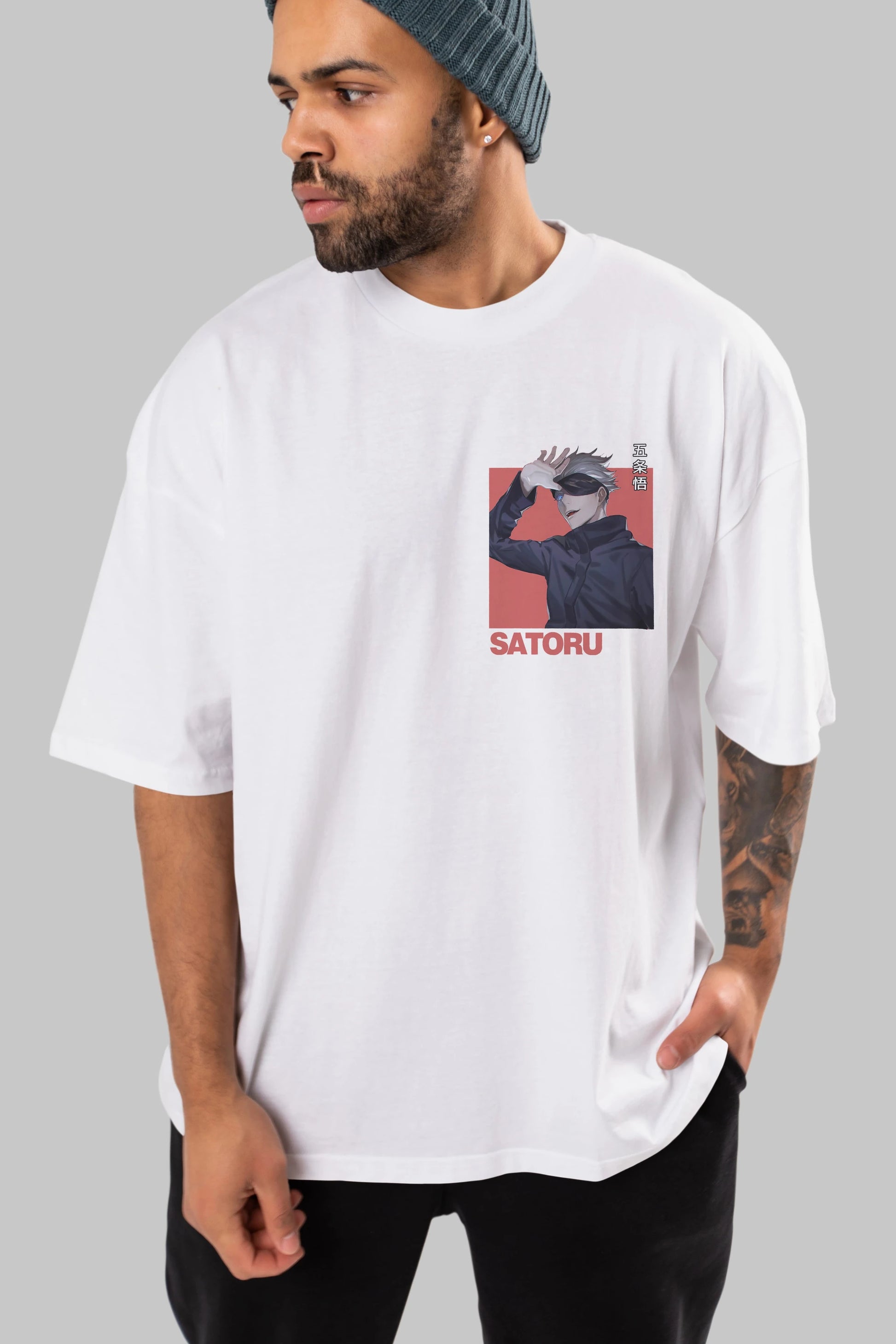 SATORU GOJO 2 Ön Sol Baskılı Oversize t-shirt Erkek Kadın Unisex %100 Pamuk Bisiklet Yaka tişort