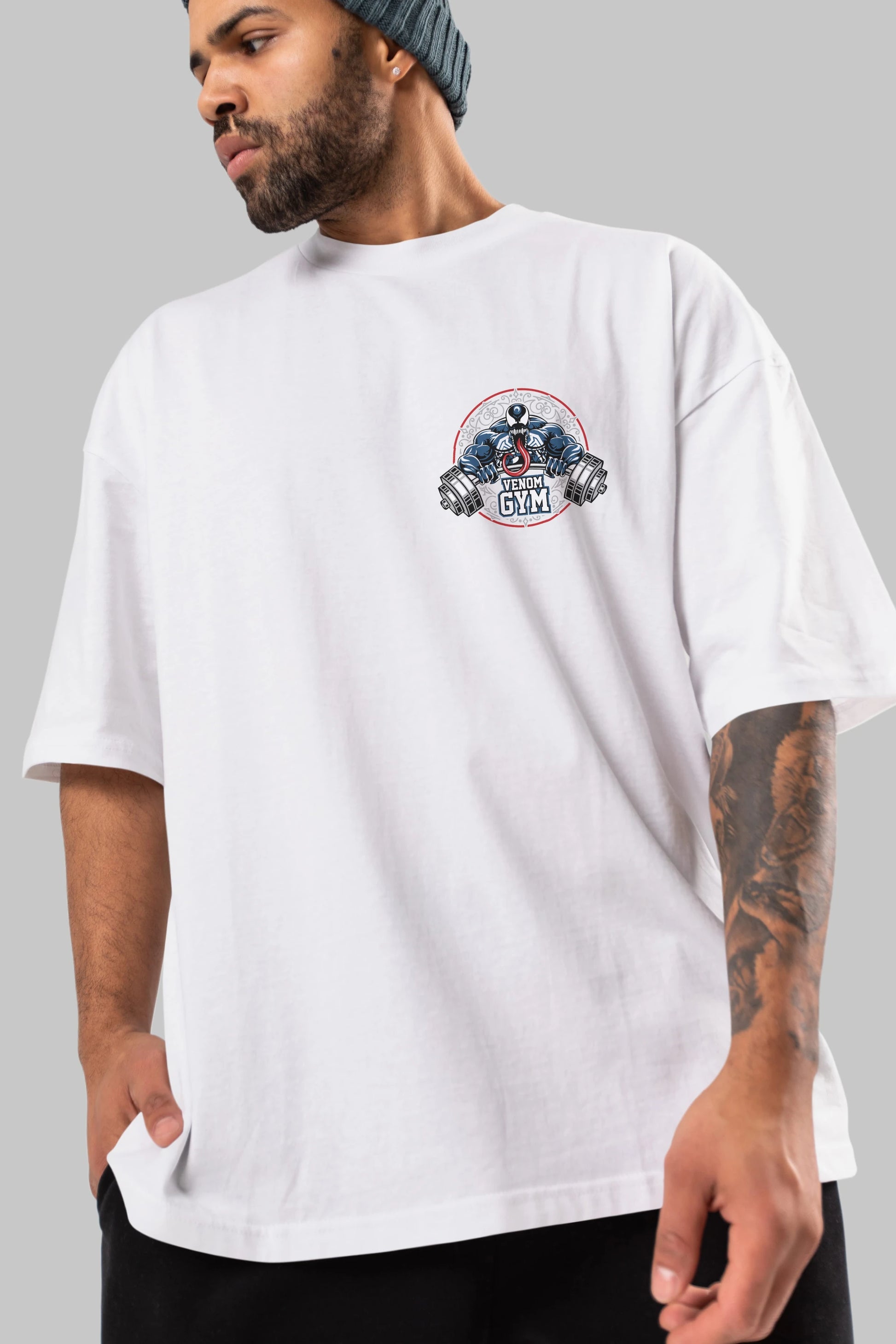 Venom GYM Ön Sol Baskılı Oversize t-shirt Erkek Kadın Unisex %100 Pamuk Bisiklet Yaka tişort