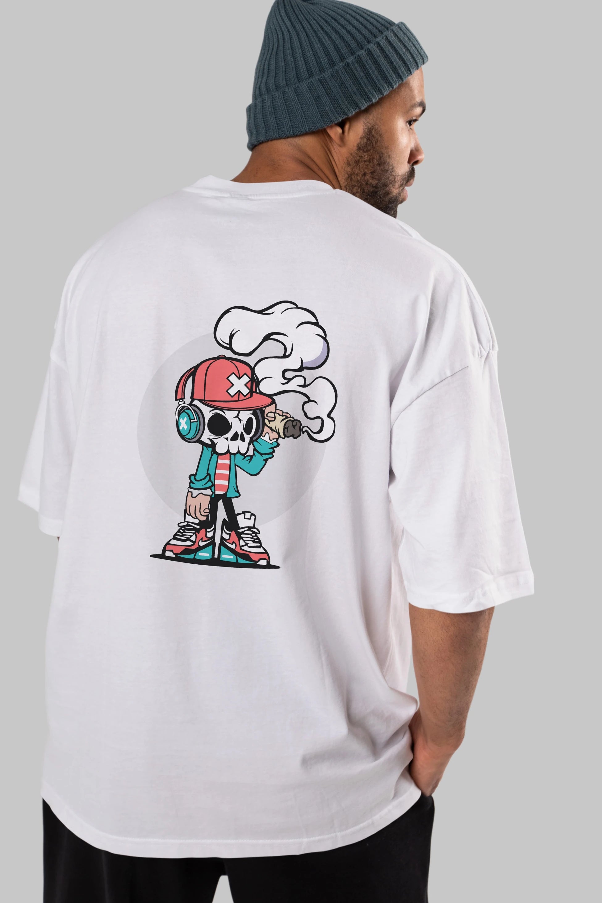 Skull Headphone Arka Baskılı Oversize t-shirt Erkek Kadın Unisex %100 Pamuk tişort