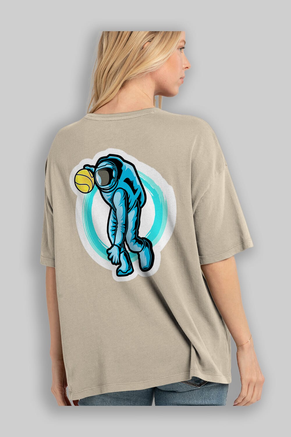 Astronaut Dribble Sticker Arka Baskılı Oversize t-shirt Erkek Kadın Unisex