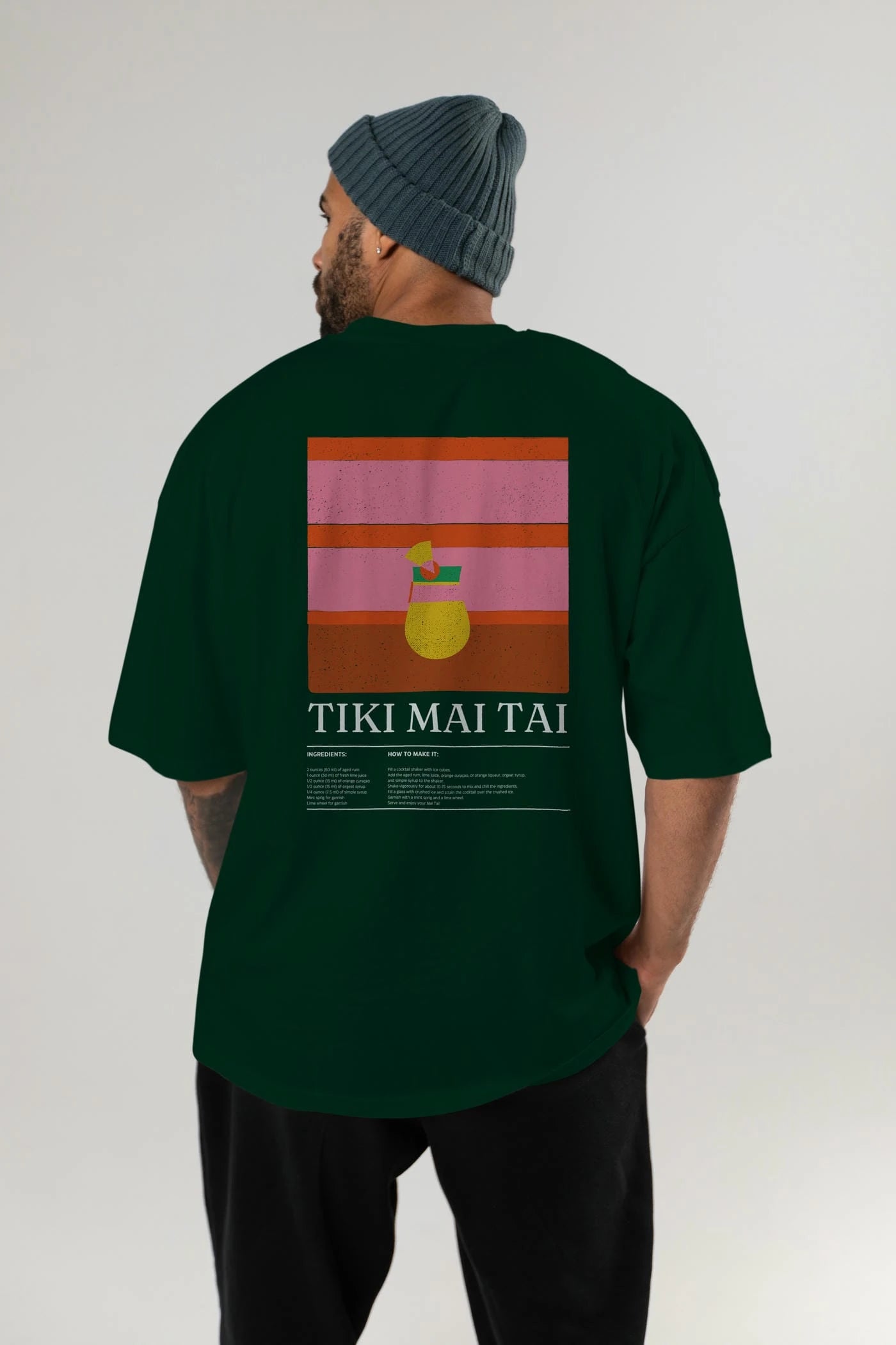 Tiki Mai Tai Kokteyl Serisi Arka Baskılı Oversize t-shirt Erkek Kadın %100 Pamuk Bisiklet Yaka tişort