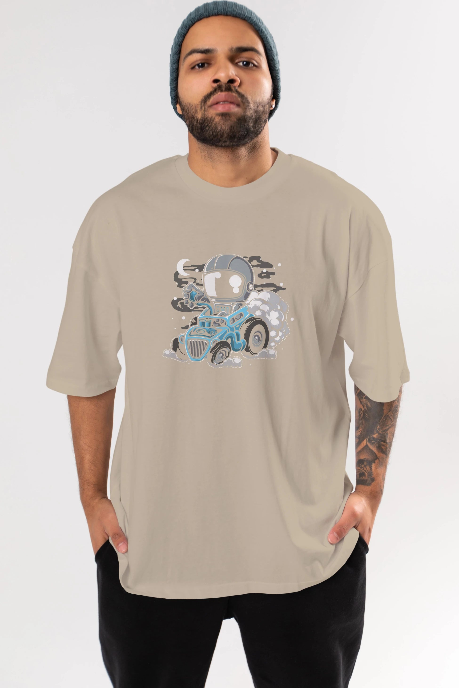 Astronaut Hotrod Ön Baskılı Oversize t-shirt Erkek Kadın Unisex